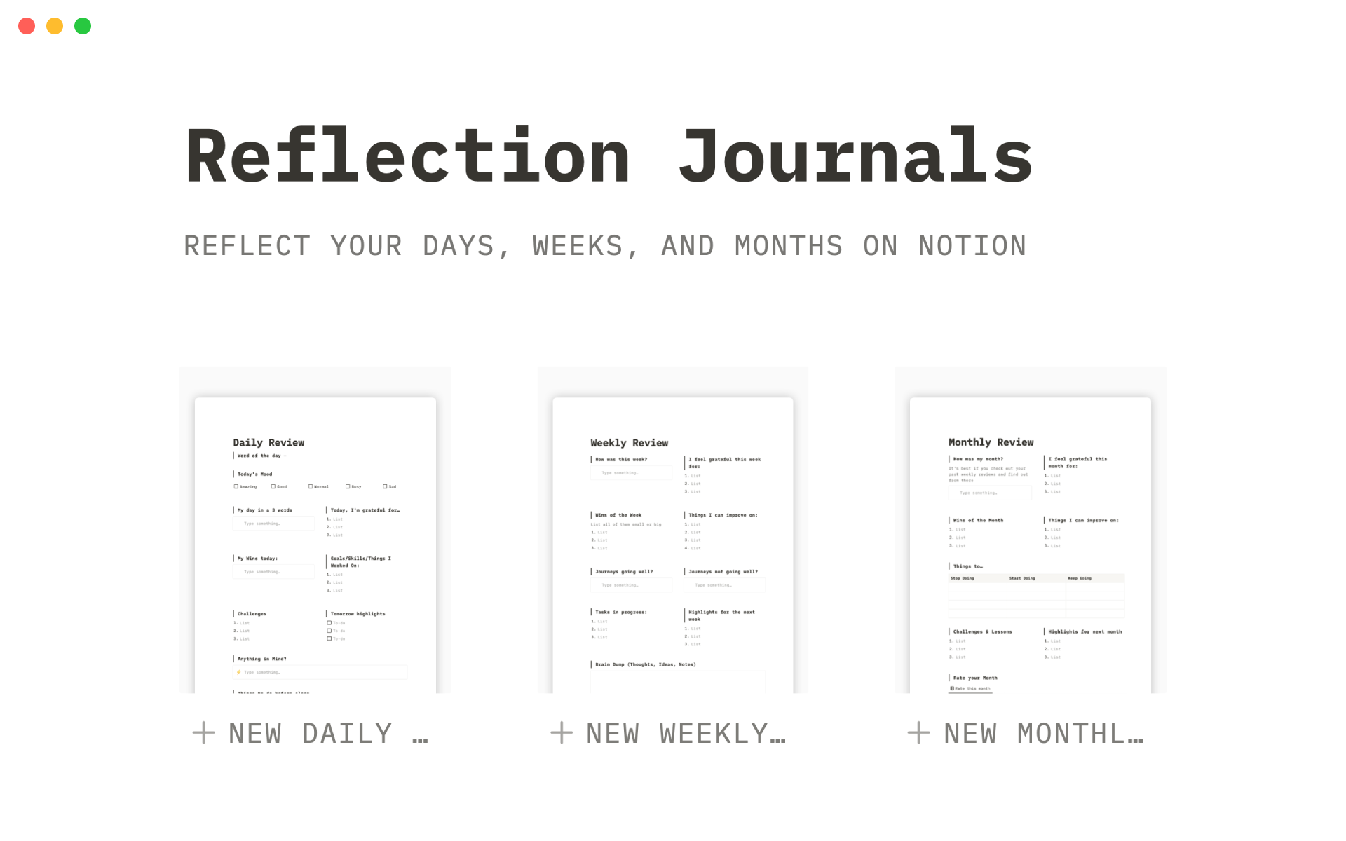 A template preview for Reflection journals