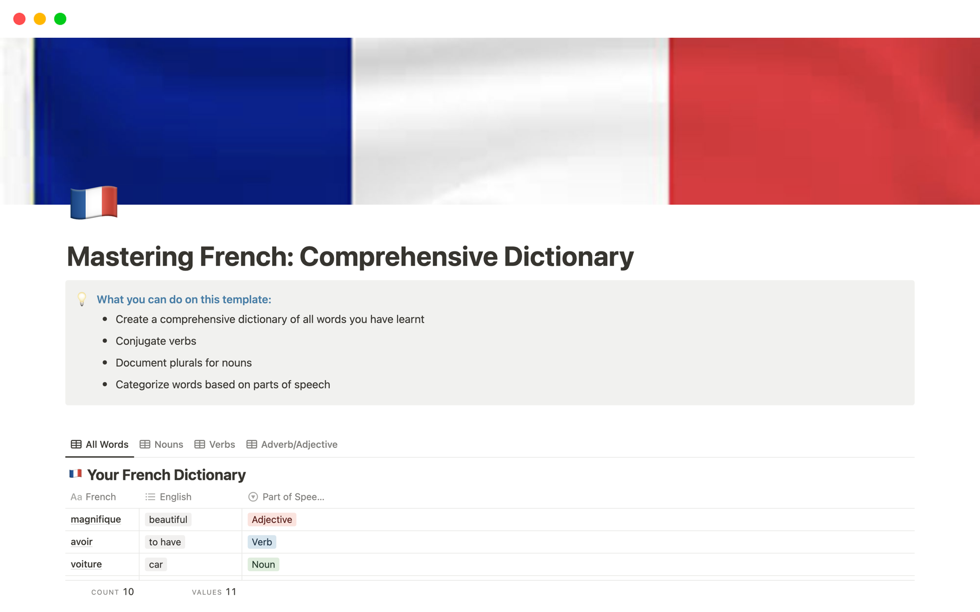 A template preview for Mastering French: Comprehensive Dictionary