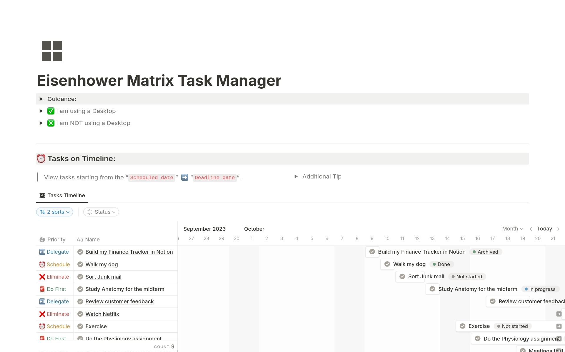 Eine Vorlagenvorschau für Eisenhower Matrix Task Manager