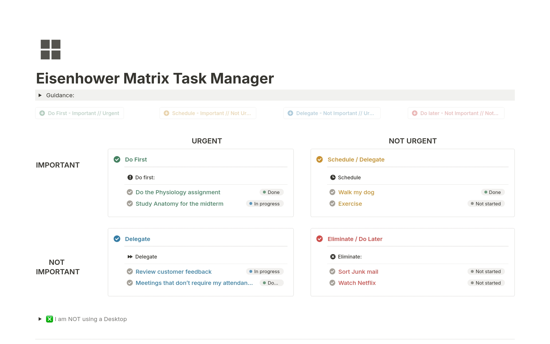 A template preview for Eisenhower Matrix Task Manager