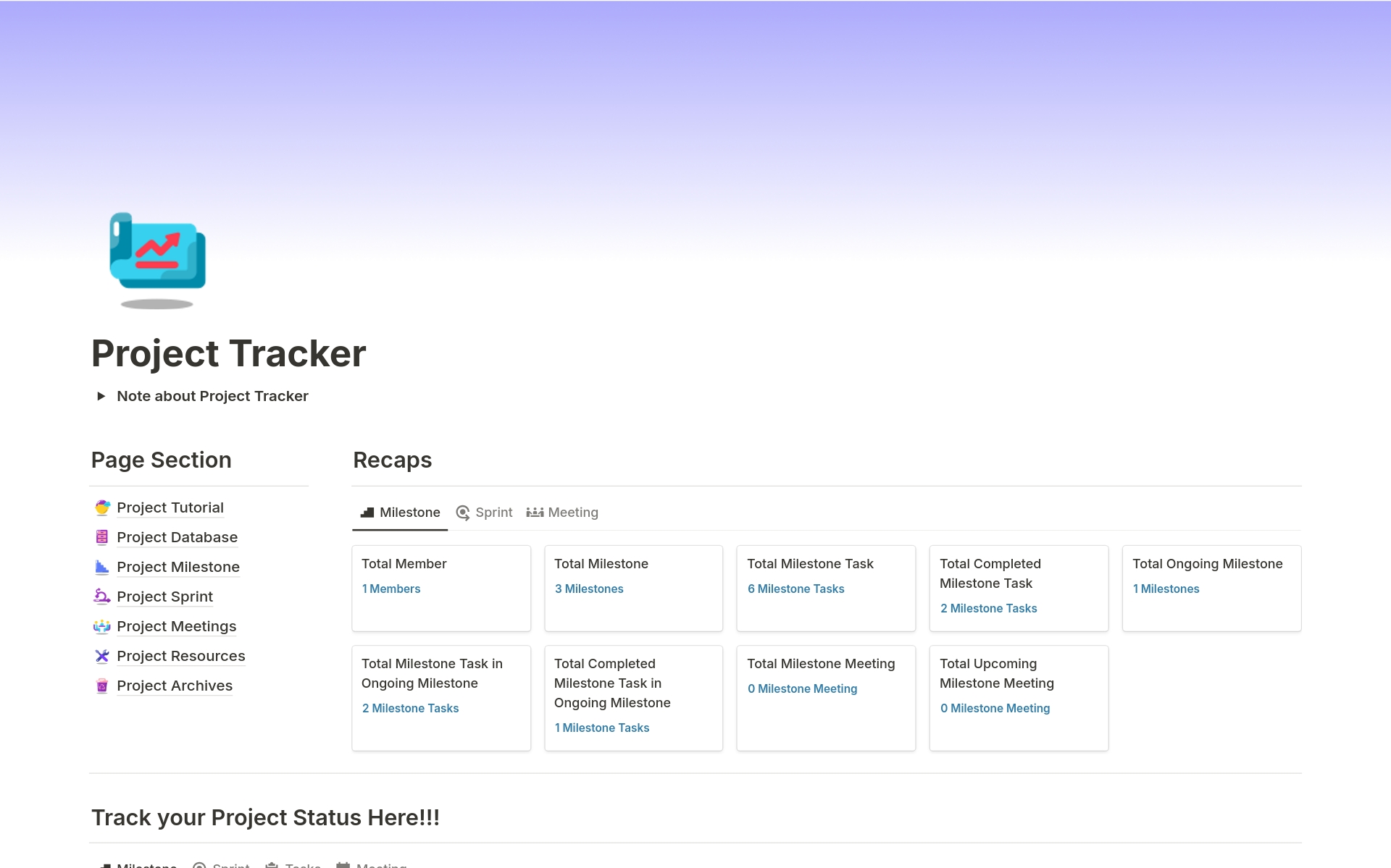 Project Tracker is for track project that need to be tracked. This tracker has Sprint and Milestone to help track the project itself. In addition, this tracker has automation and lots of button included in this Template to help track your project easily