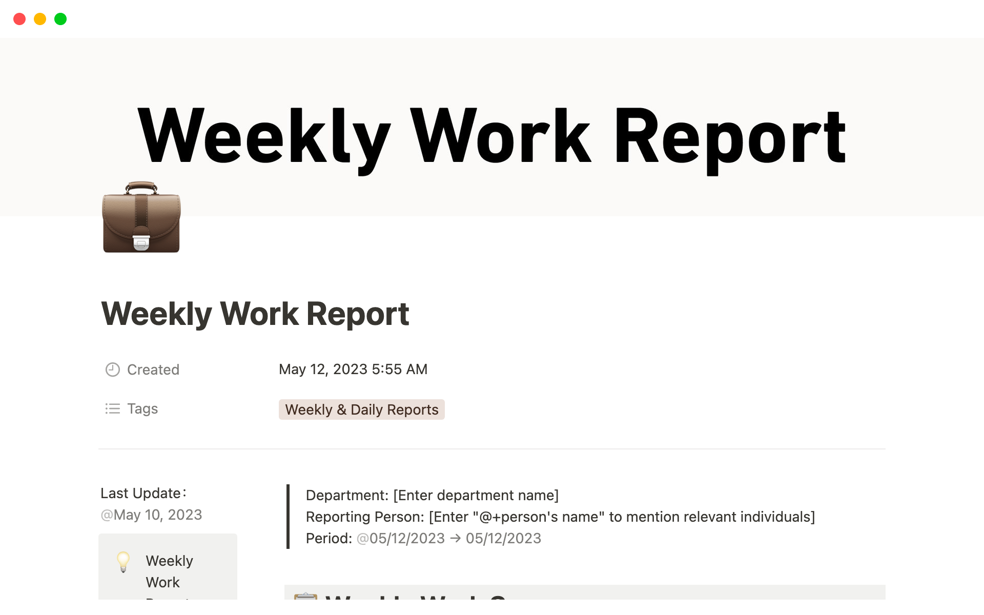 A template preview for Weekly Work Report