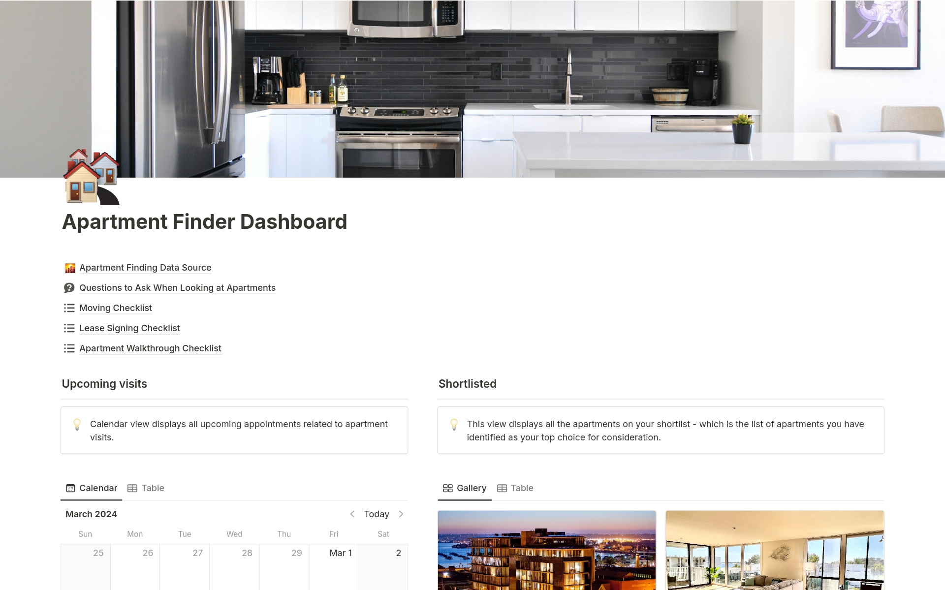 Find your dream apartment stress-free with this all-in-one apartment finder dashboard. Track listings and stay organized with comprehensive checklists for moving, signing the lease, and apartment walkthroughs.
