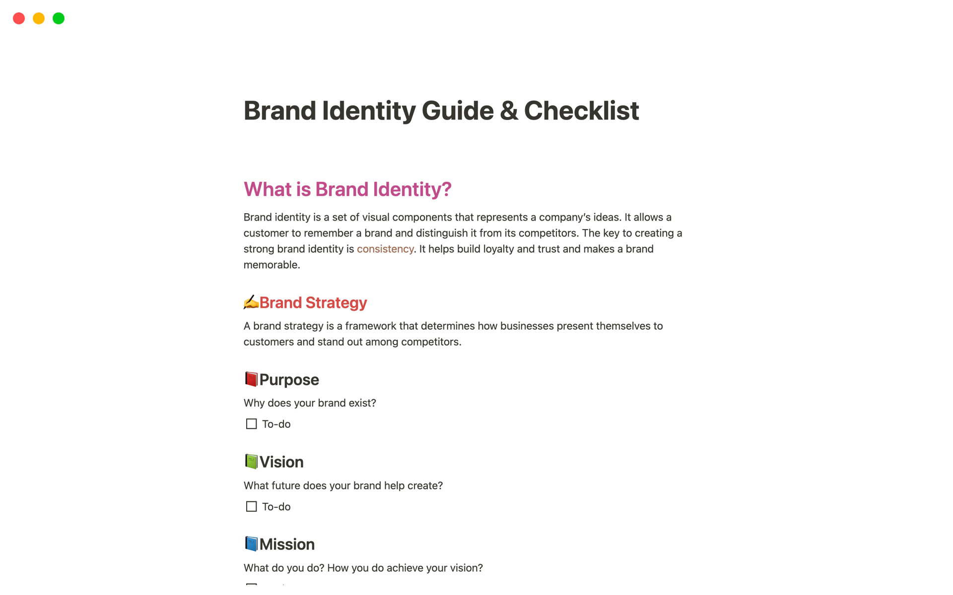 Eine Vorlagenvorschau für Brand Identity Guide & Checklist + Mini Content Creation Strategy Checklist