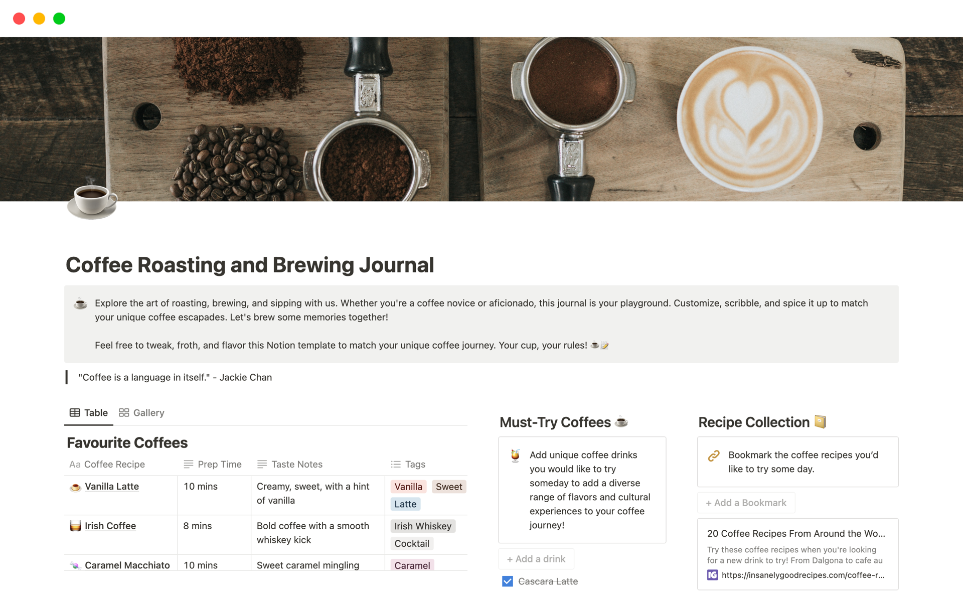 A template preview for Coffee Roasting and Brewing Journal