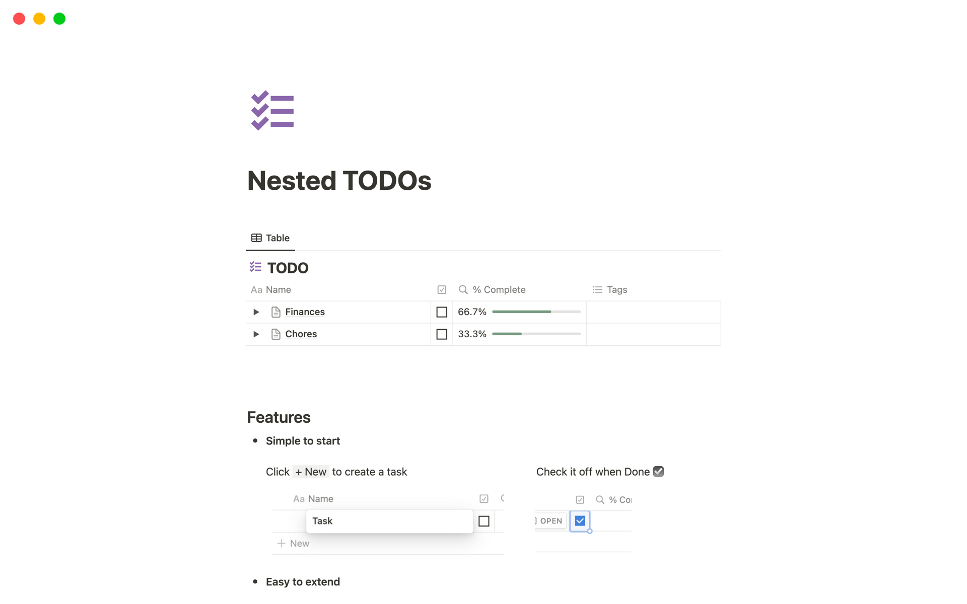 A template preview for Nested TODOs