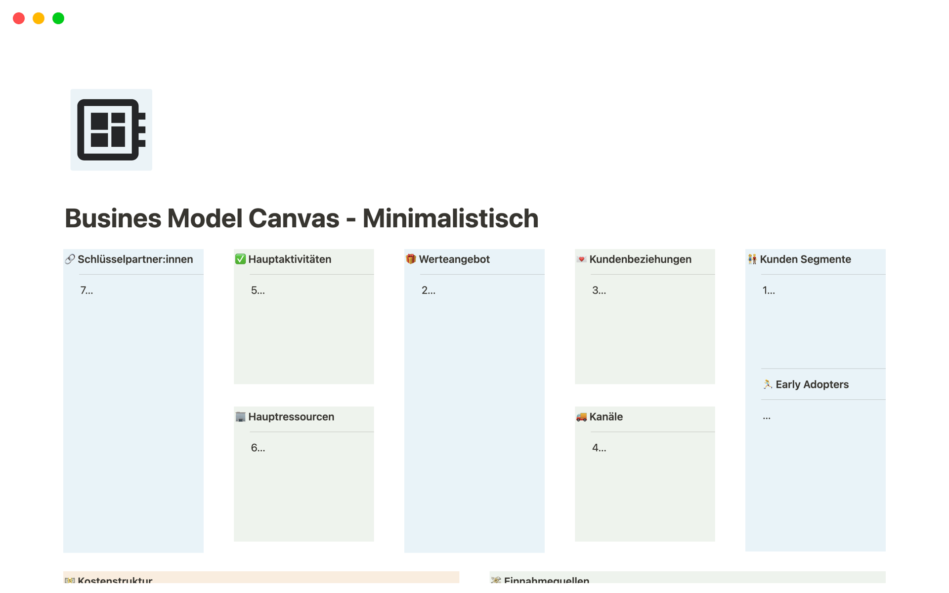 Simple Business Model Canvas Vorlage mit der du dein Geschäftsmodell visualisieren kannst.