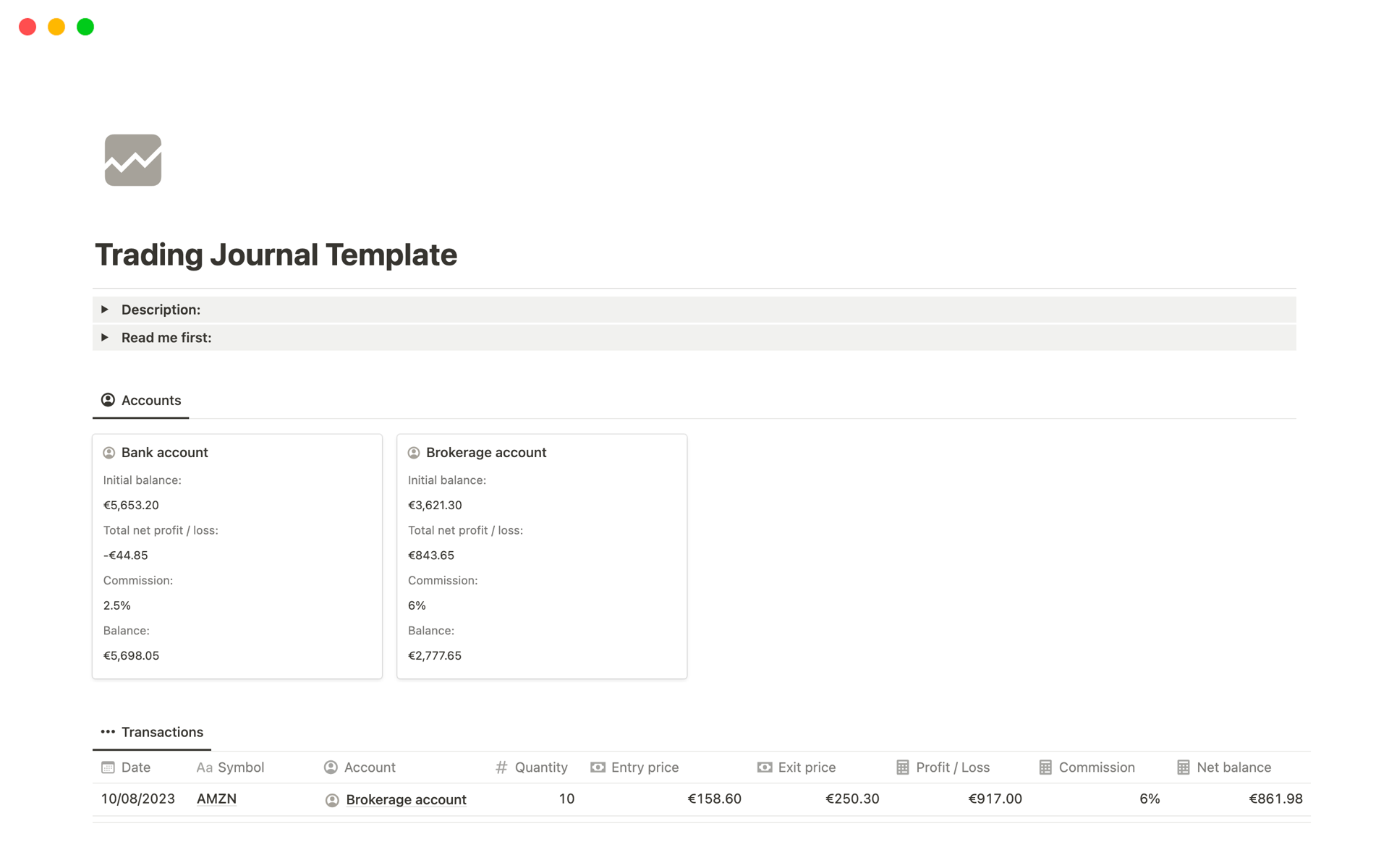 A template preview for Trading Journal