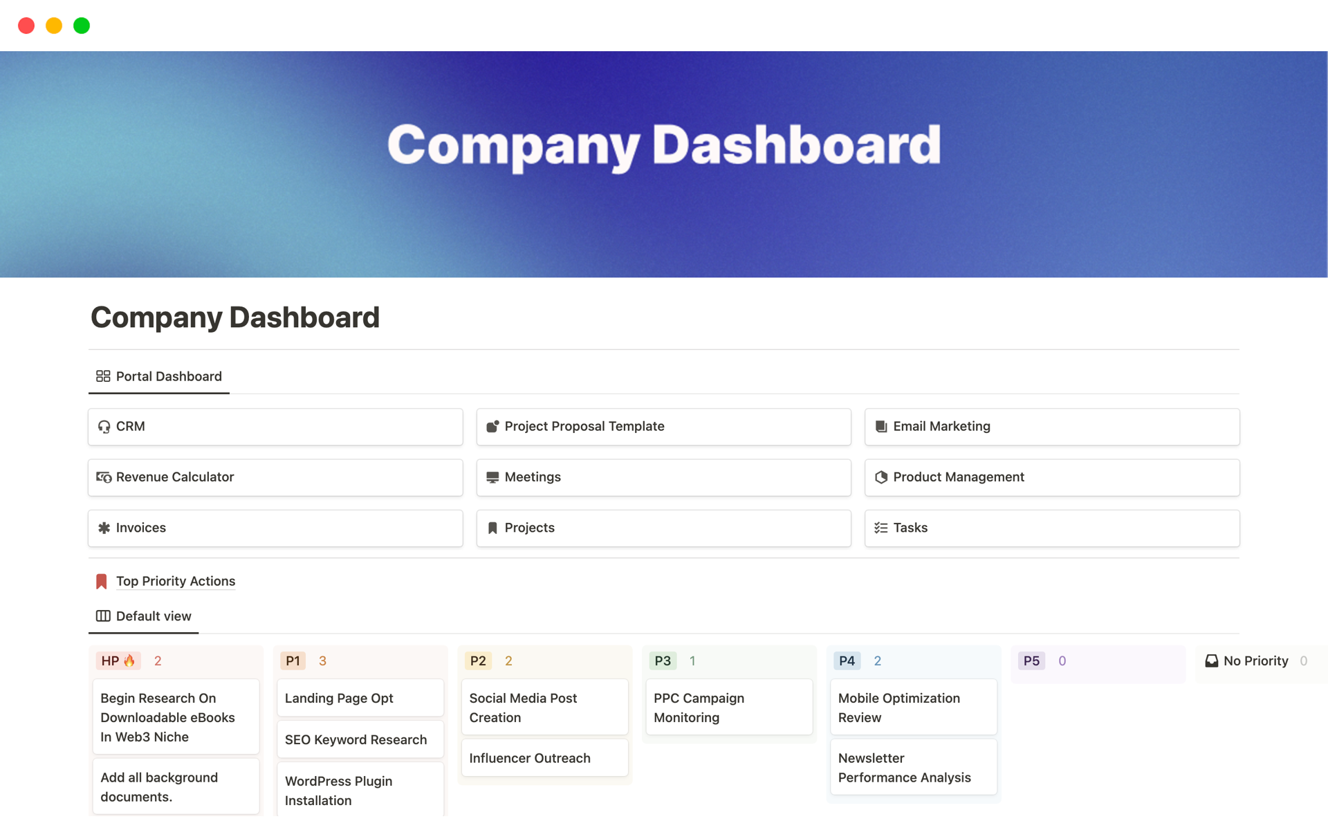A template preview for Company Dashboard