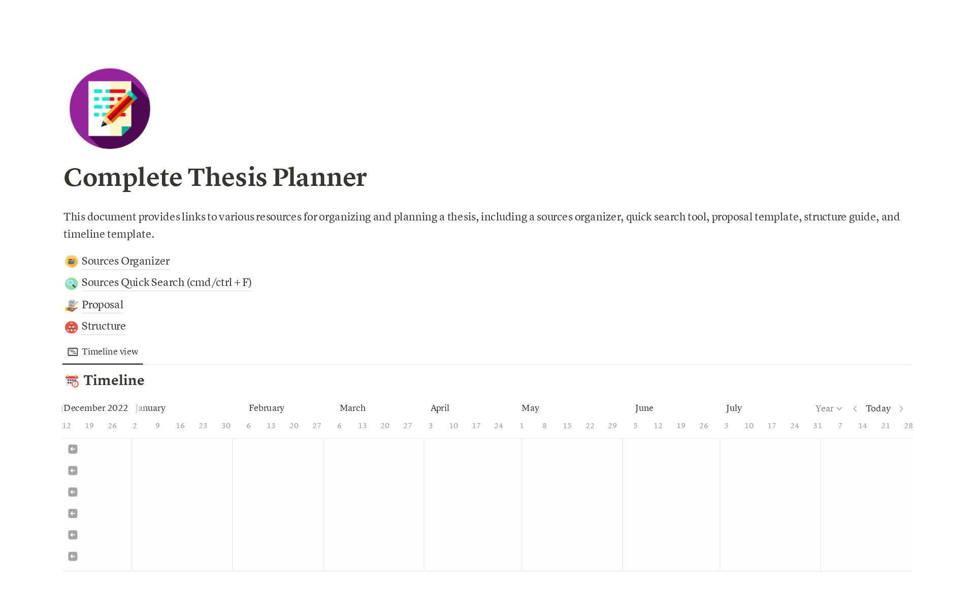 Vista previa de una plantilla para Complete Thesis Planner