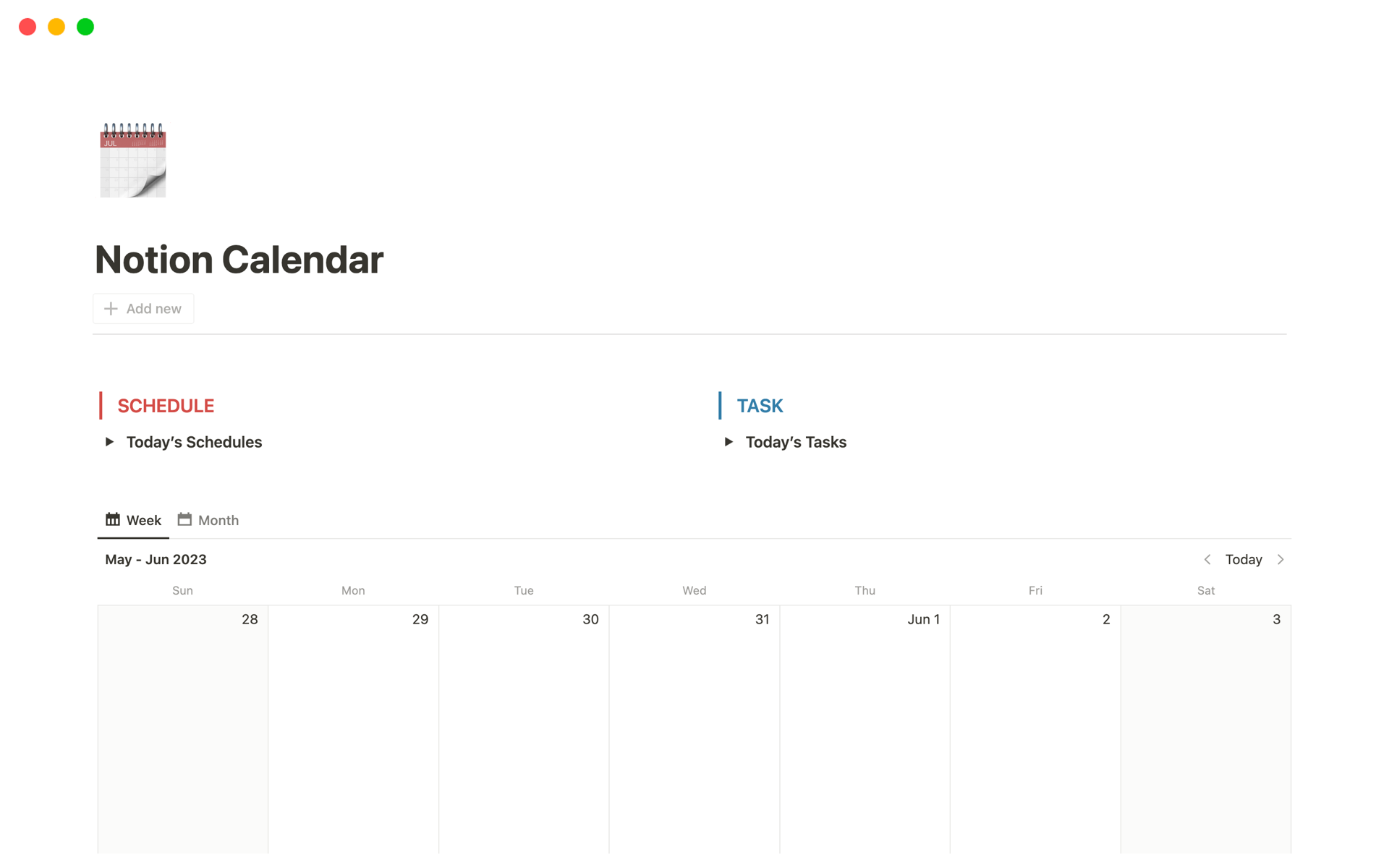Vista previa de una plantilla para Notion Calendar