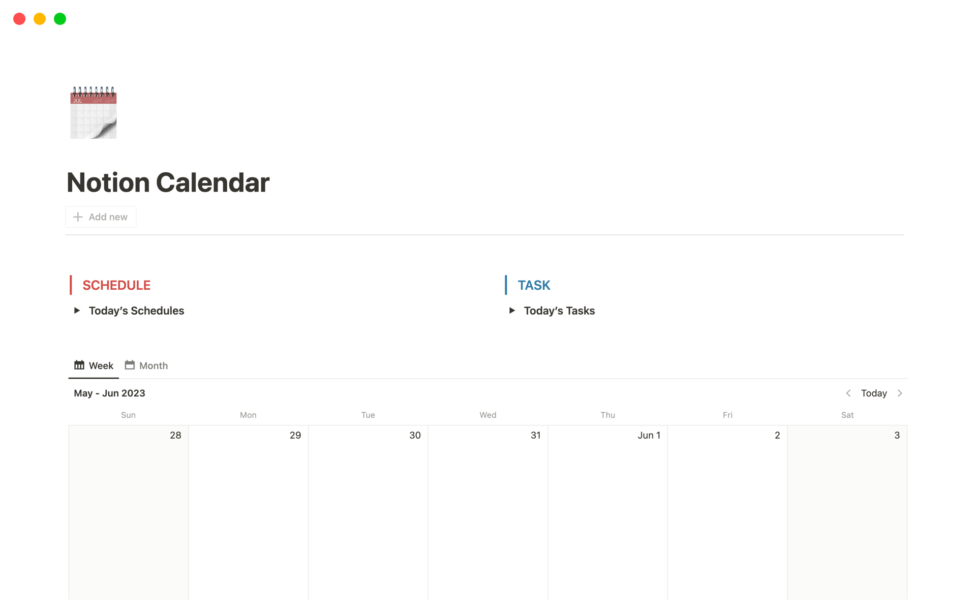 Aperçu du modèle de Notion Calendar