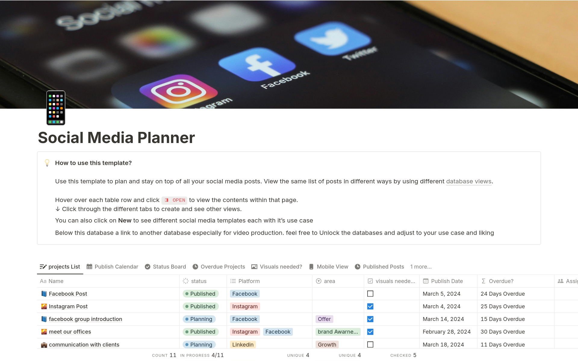 Tired of Losing track of your different content on different platforms?
using this notion, you can manage your social media projects+ a bonus section to manage video productions.