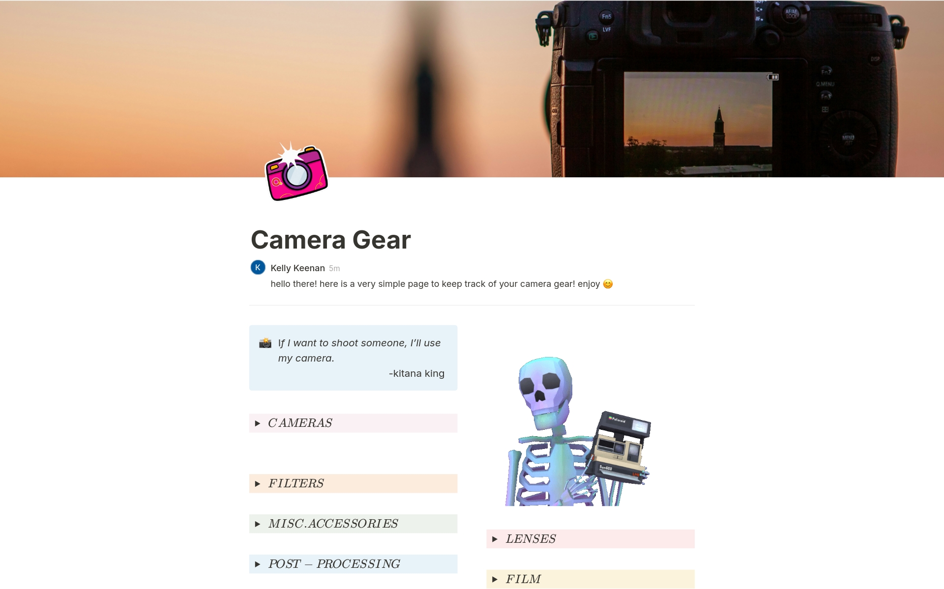 A template preview for Camera Gear Tracker