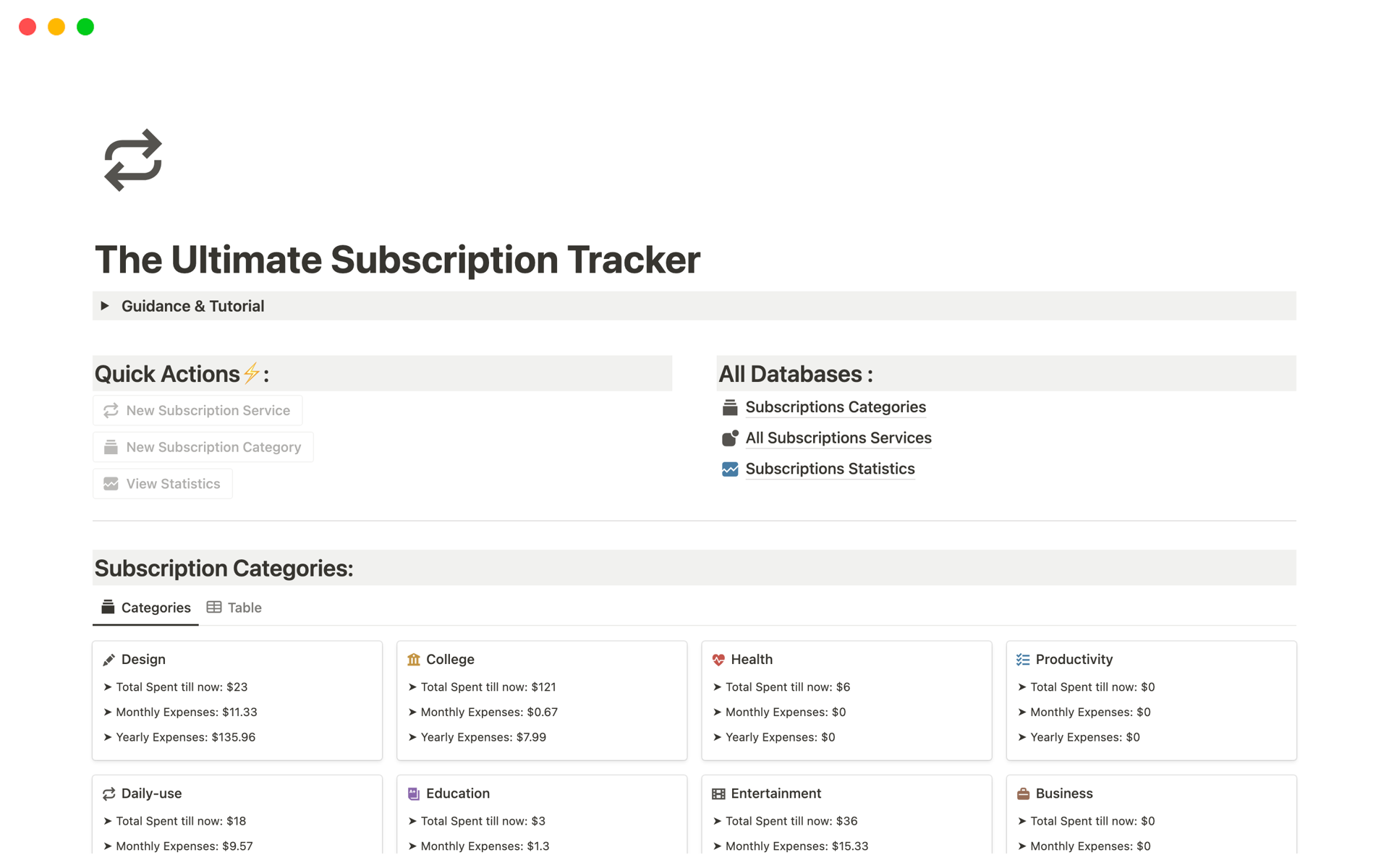 A template preview for The Ultimate Subscription Tracker