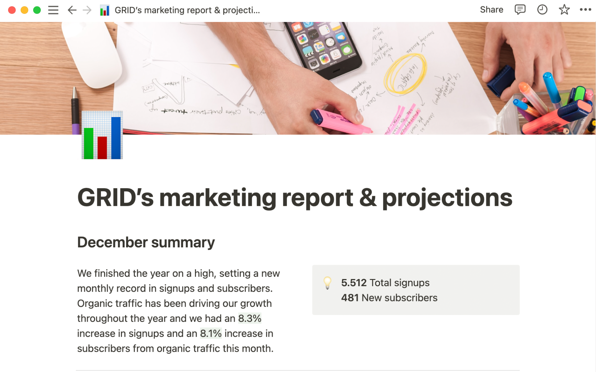 A template preview for GRID’s marketing report & projections