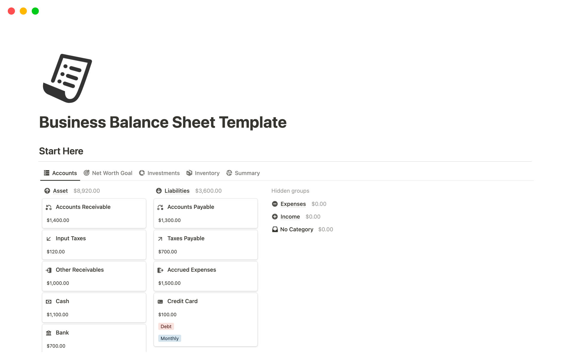 A template preview for Business Balance Sheet