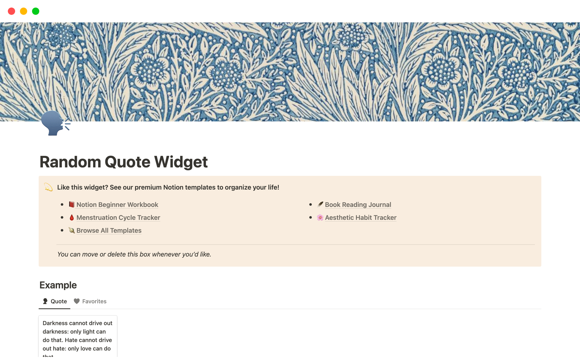 Random Quote Widget by The Bohemian Bliss Notion Template