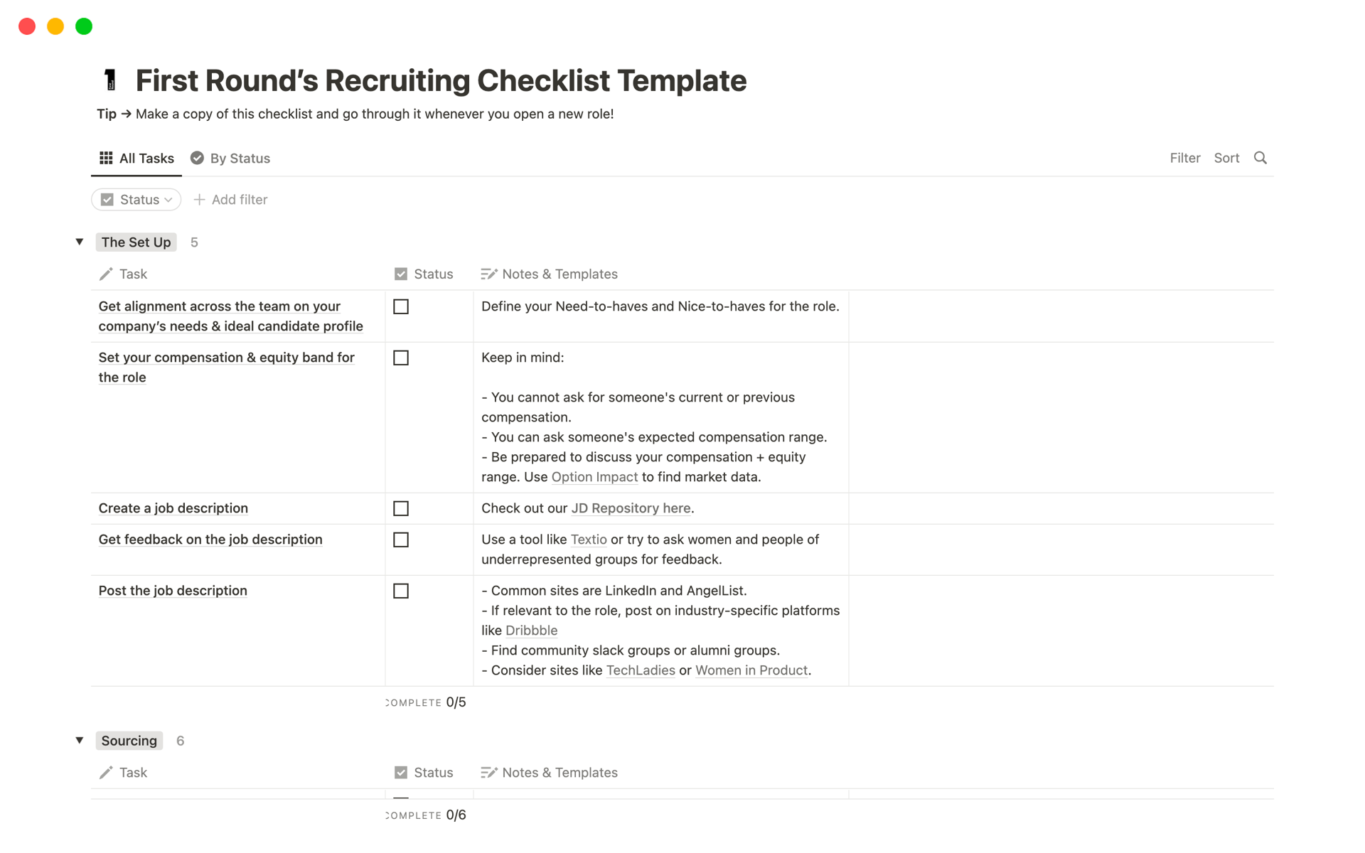 Recruiting Checklistのテンプレートのプレビュー