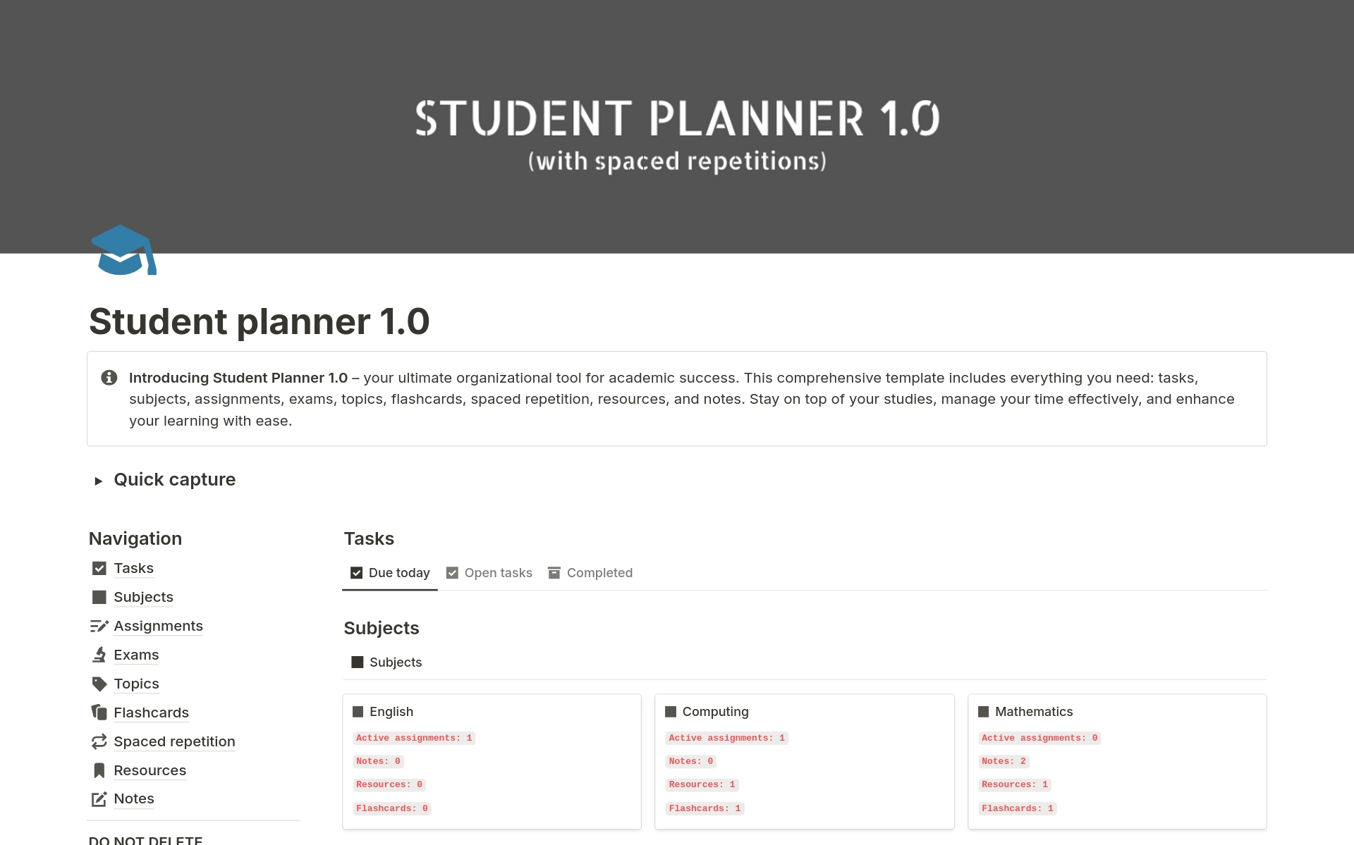 A template preview for Student Planner 1.0