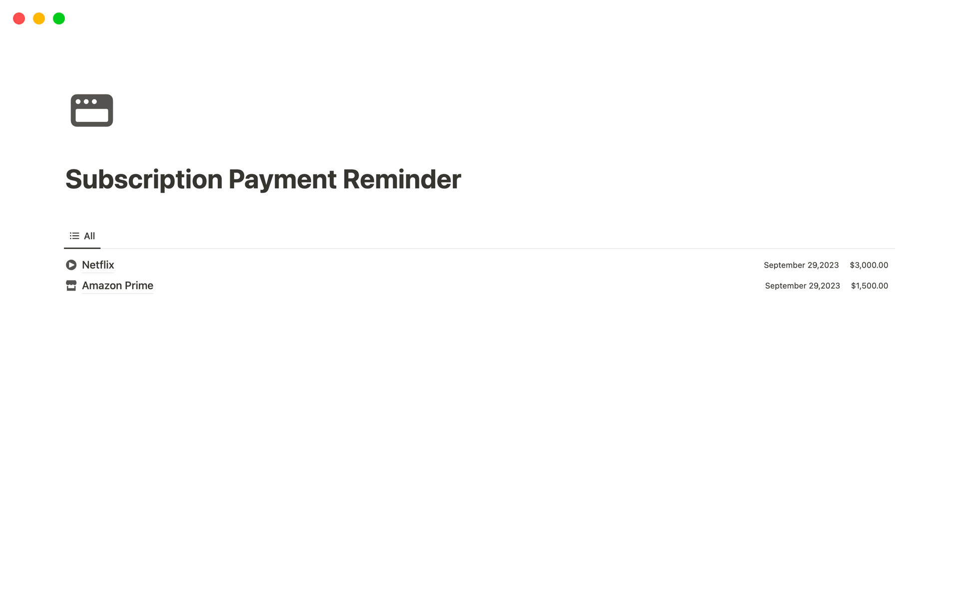 A template preview for Subscription Payment Reminder