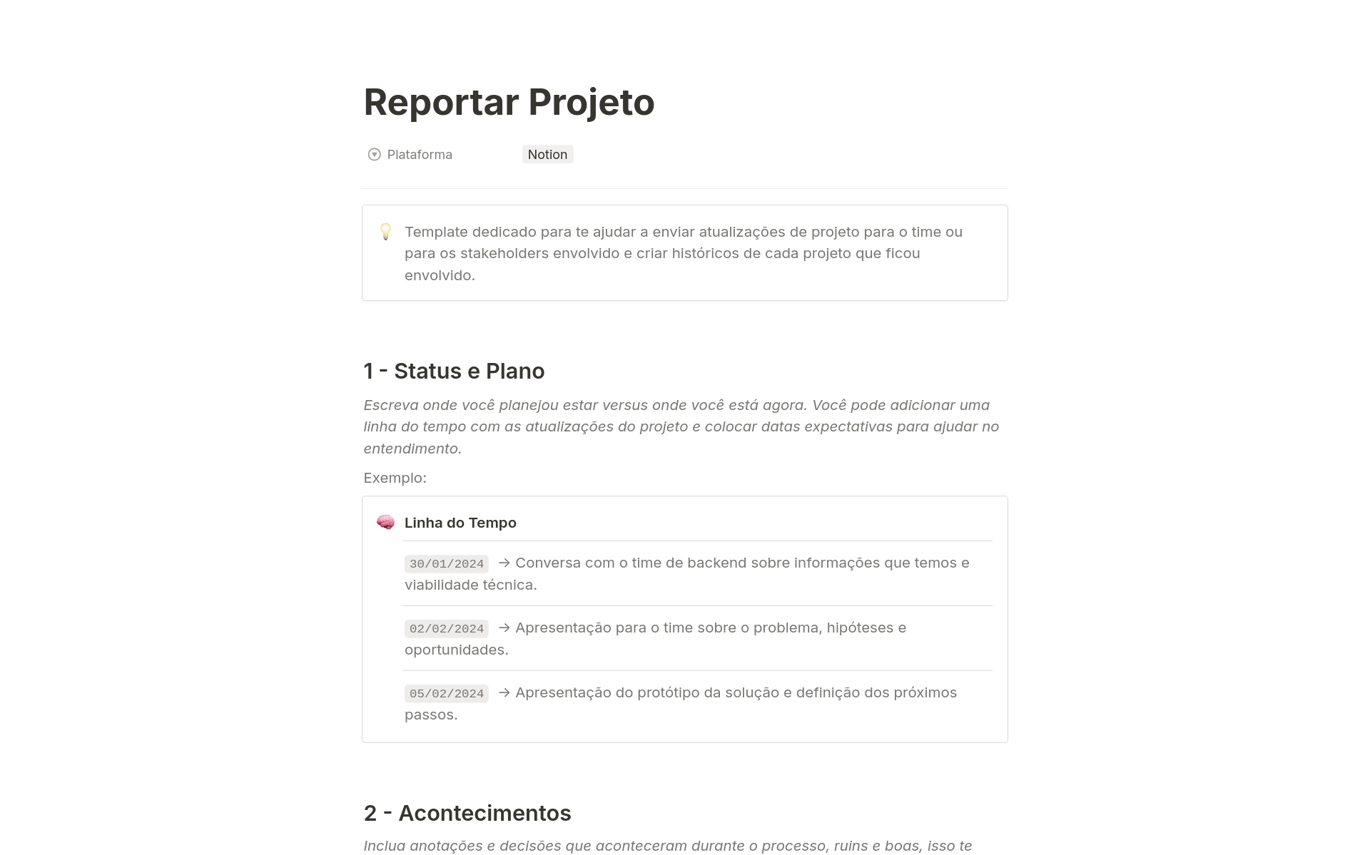 A template preview for Documentar e Reportar Projeto