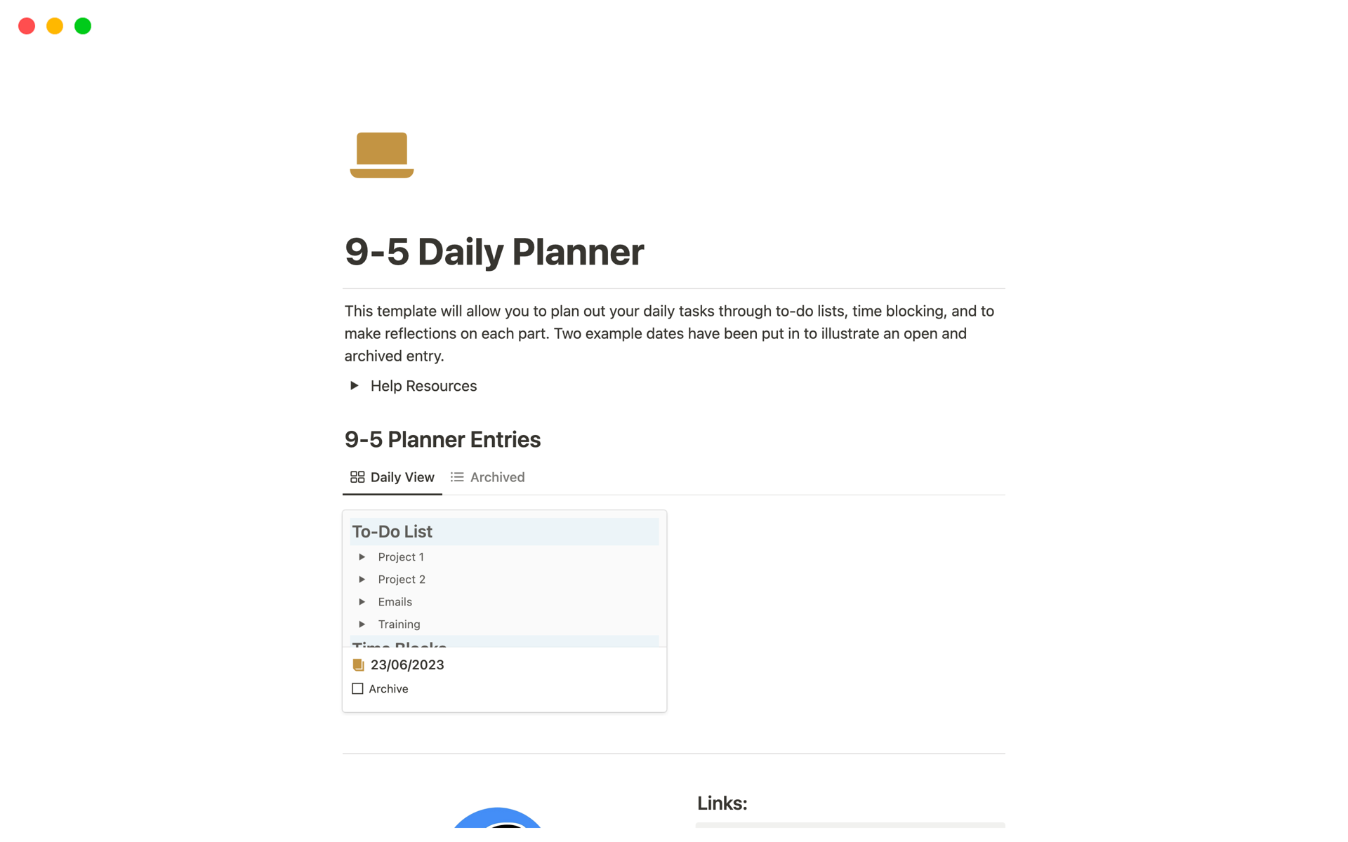 Aperçu du modèle de 9-5 Daily Planner