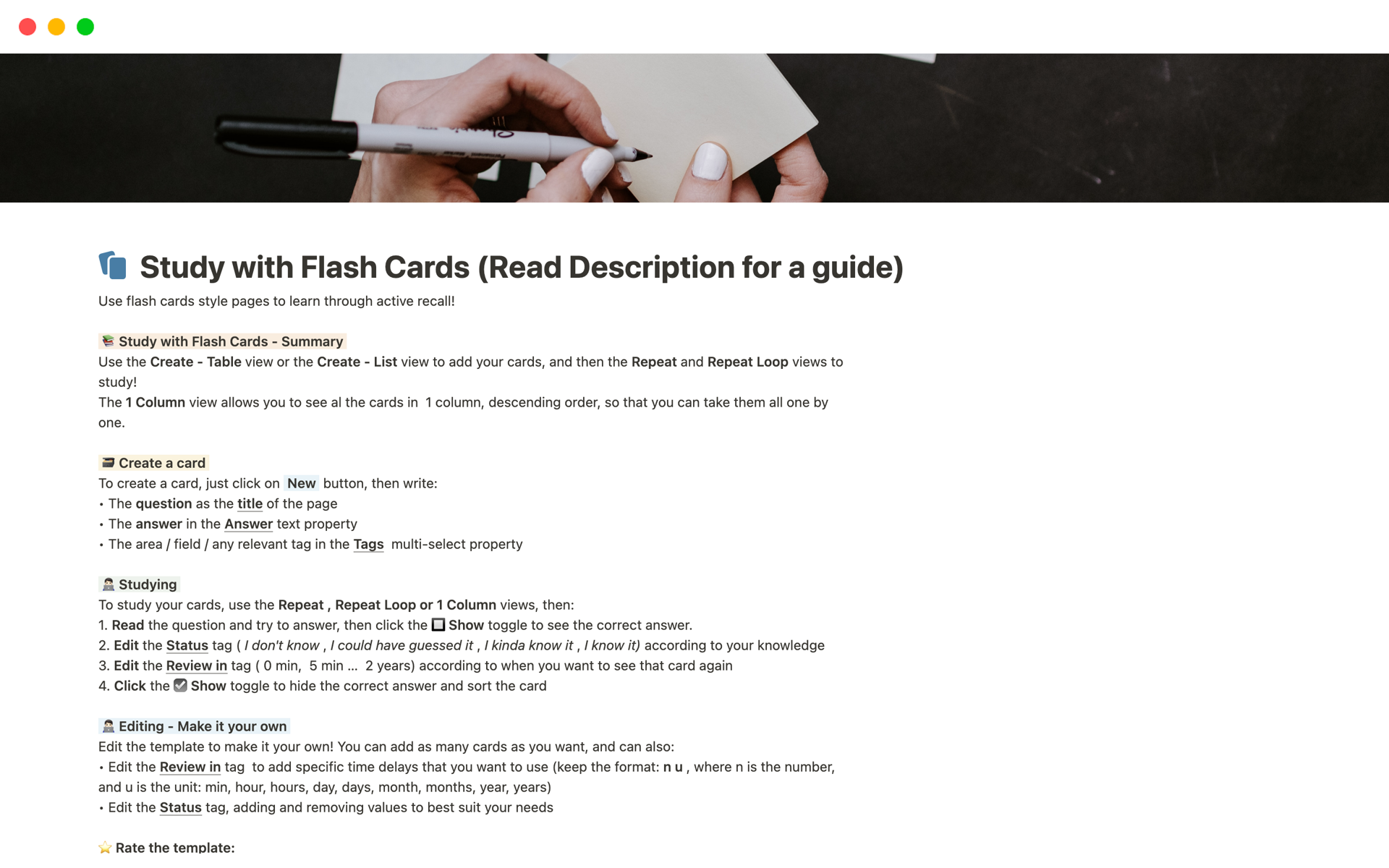 Vista previa de plantilla para Flash Cards Template - Study using active recall