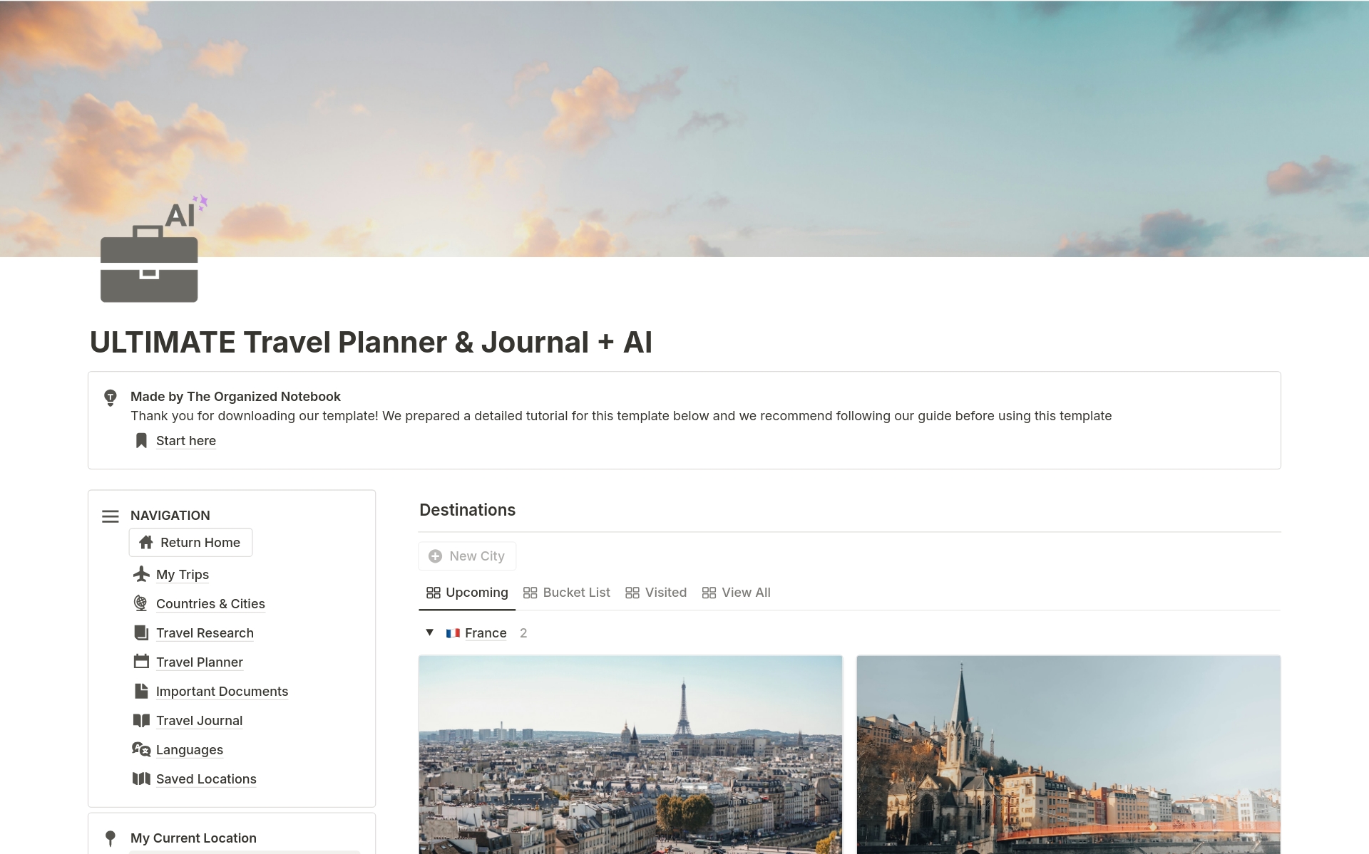 Vista previa de una plantilla para ULTIMATE Travel Planner & Journal + AI