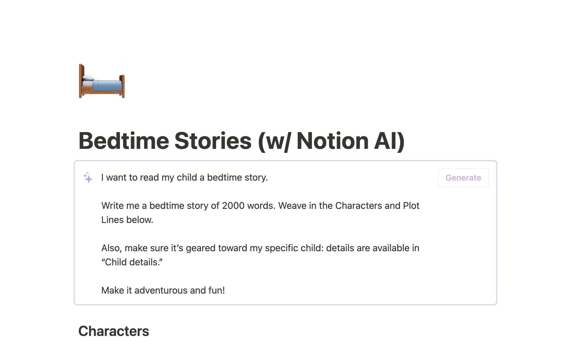 A template preview for Bedtime Stories (w/ Notion AI)