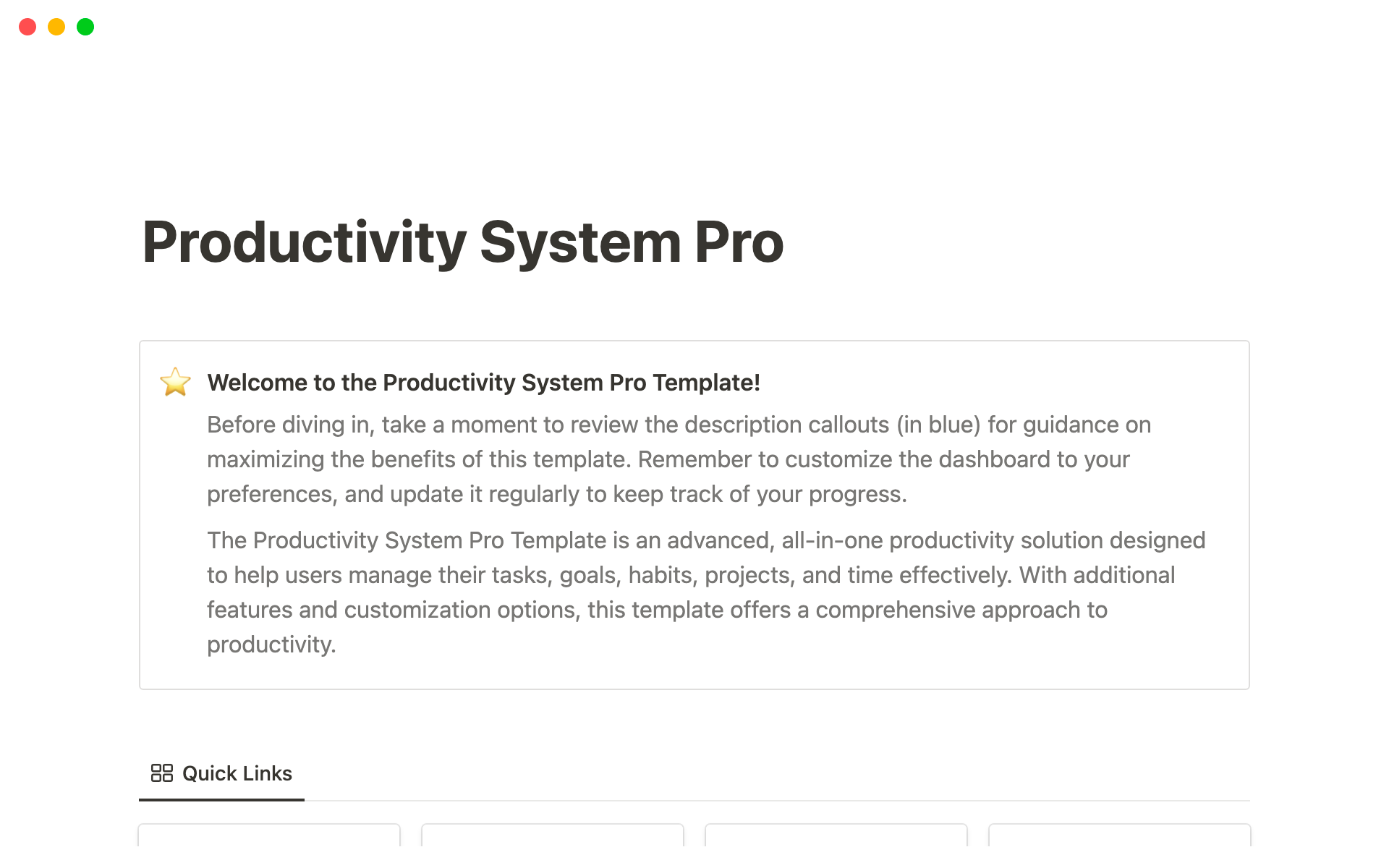 Uma prévia do modelo para Productivity System Pro