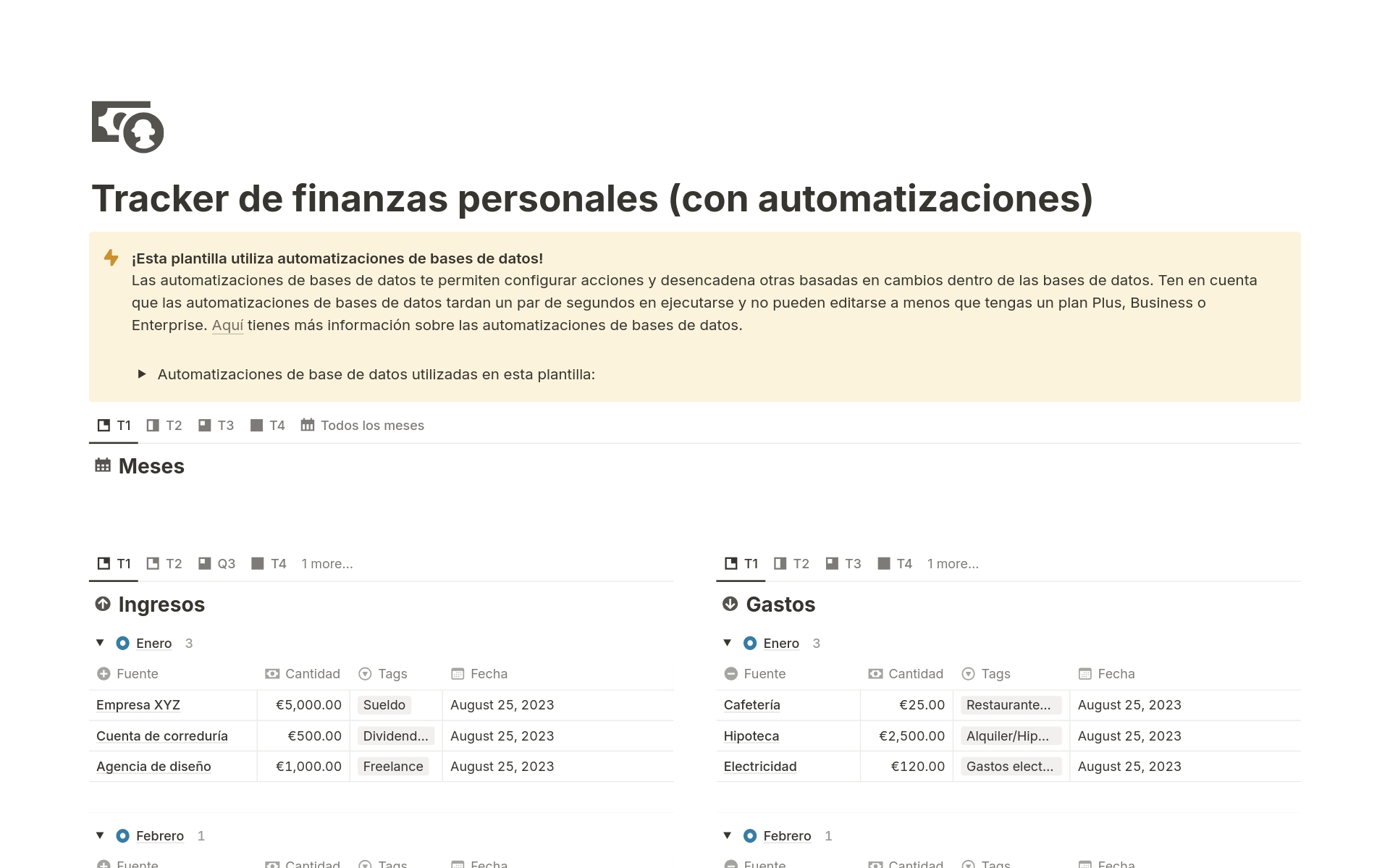 Vista previa de plantilla para Tracker de finanzas personales (con automatizaciones)