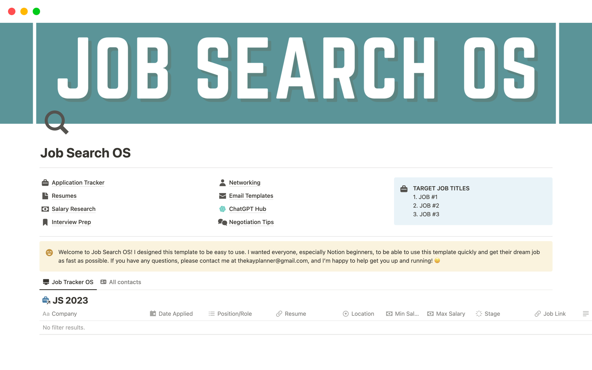 A template preview for Job Search OS