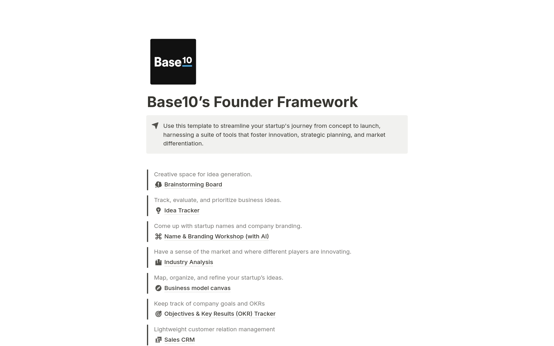 A template preview for Base10's Founder Framework