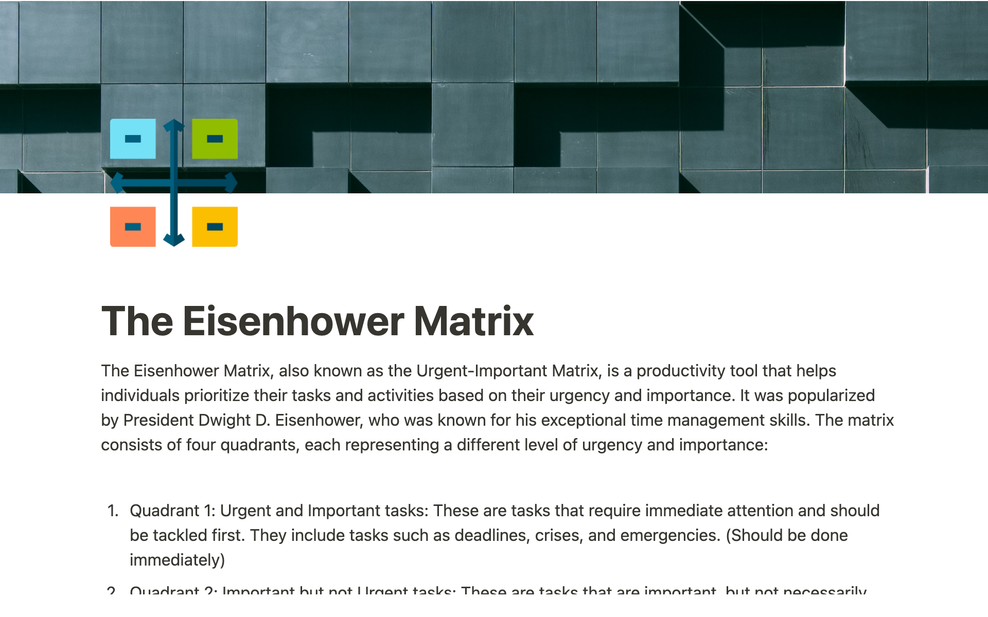 A template preview for Eisenhower Matrix