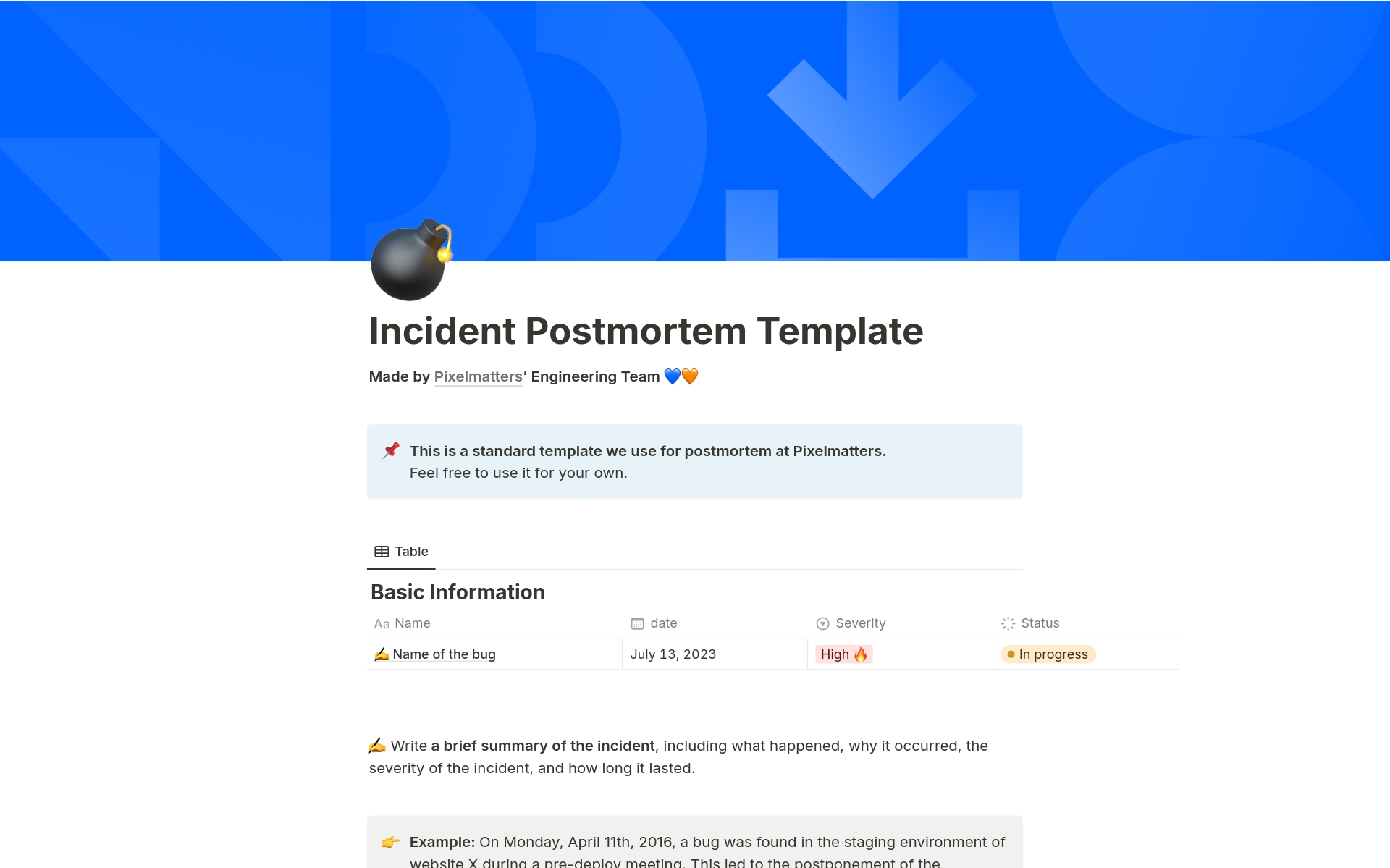 A template preview for Incident Postmortem