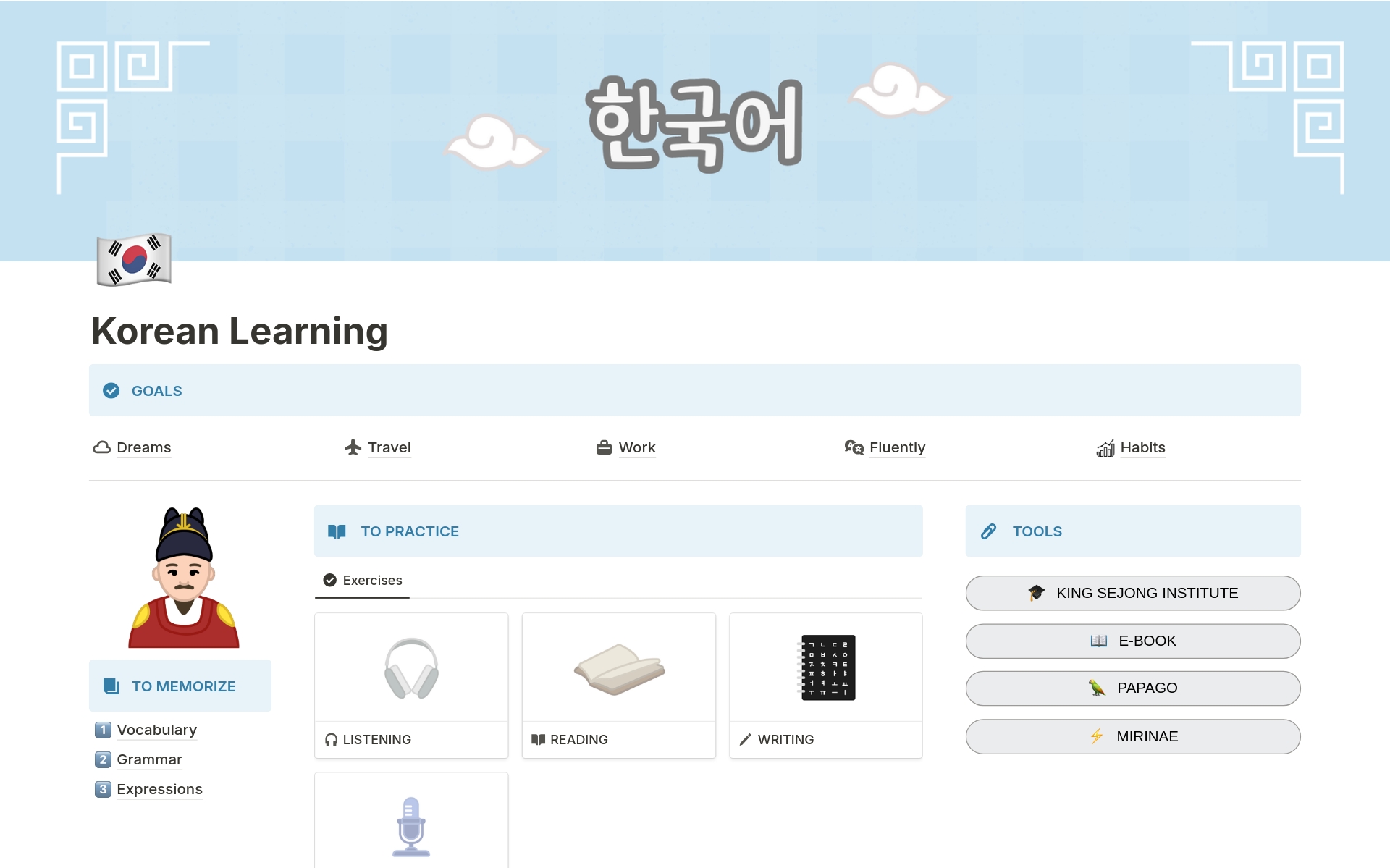 A template preview for Korean Learning Dashboard