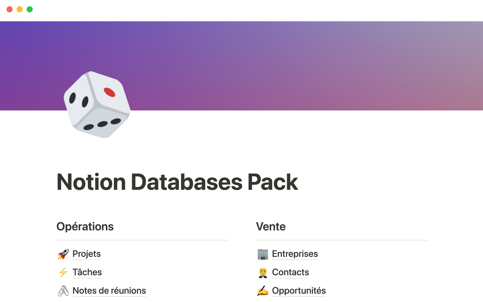 A template preview for Databases pack