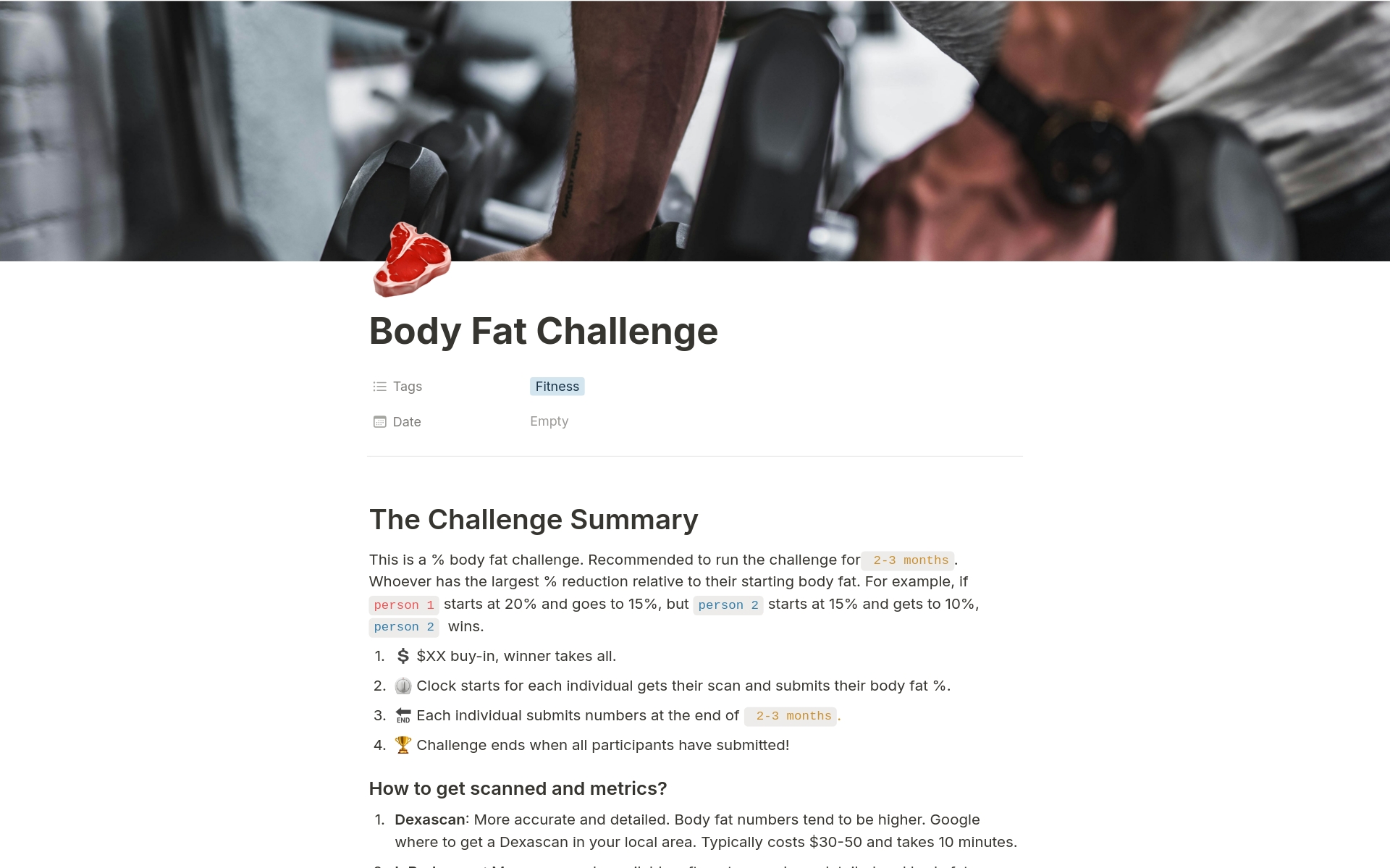 This is a % body fat challenge that you can do with your friend! The results are incredible. This template has how to run the challenge, a tracker, and tips and resources. 