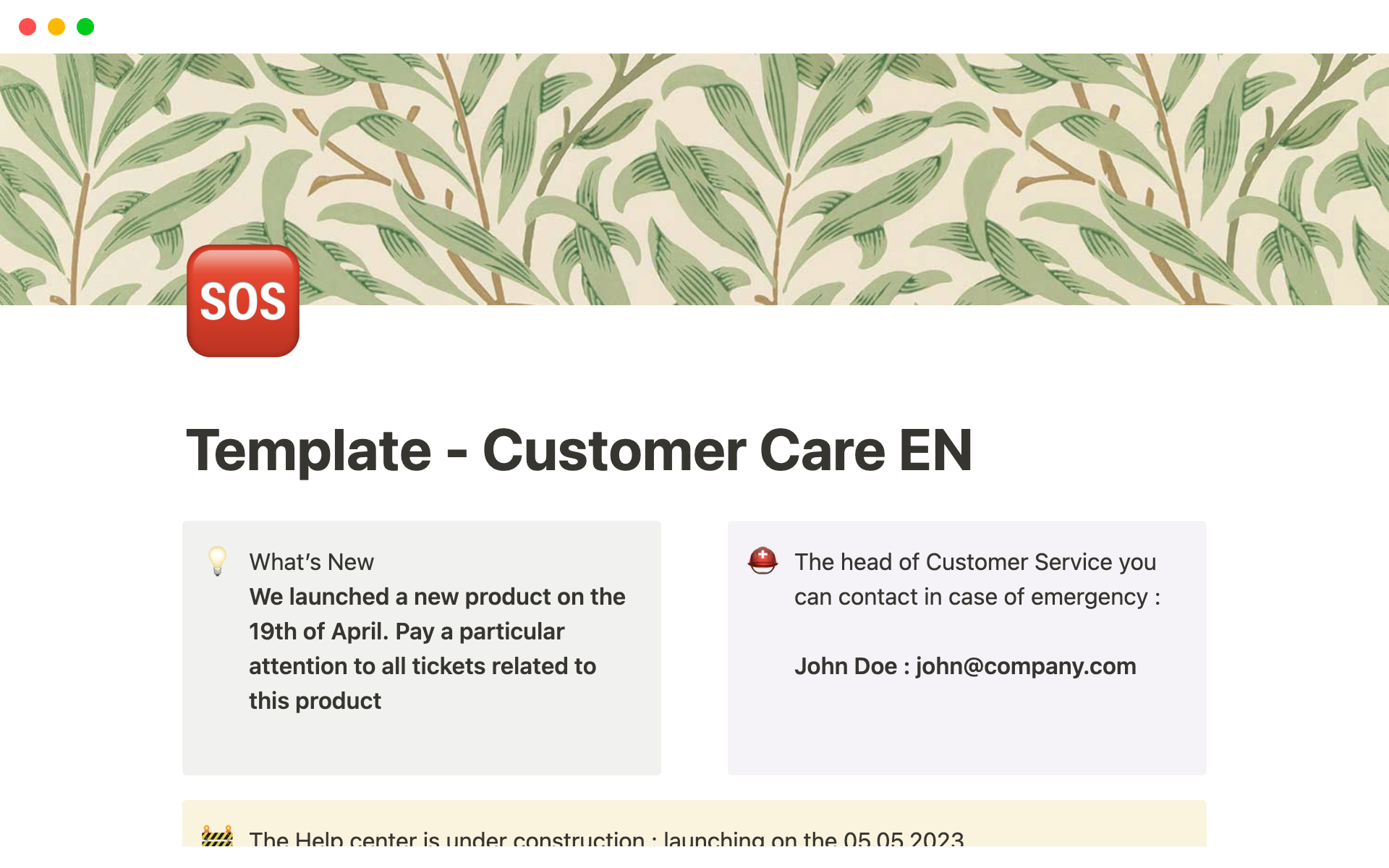 A template preview for Customer Service Template