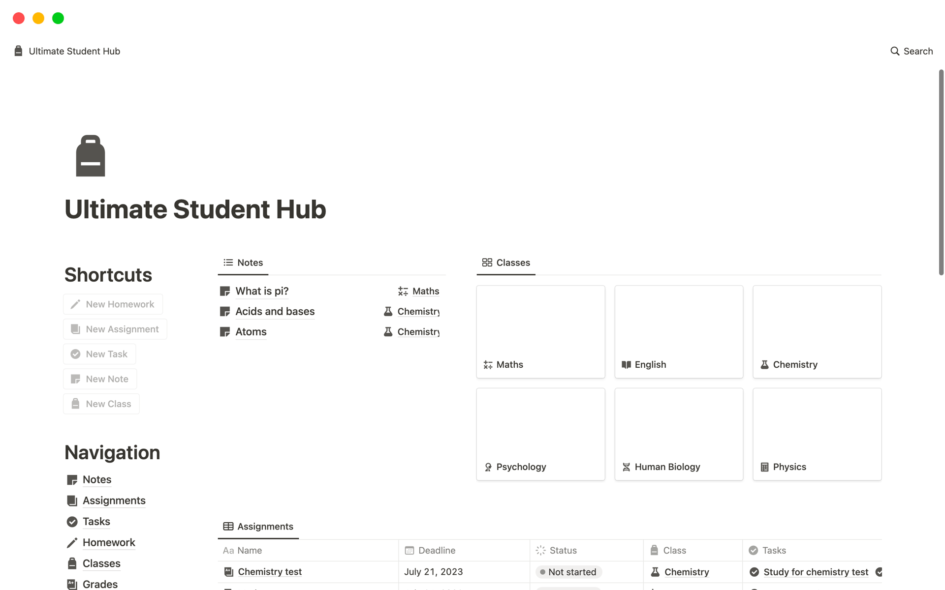 Vista previa de una plantilla para Ultimate Student Hub
