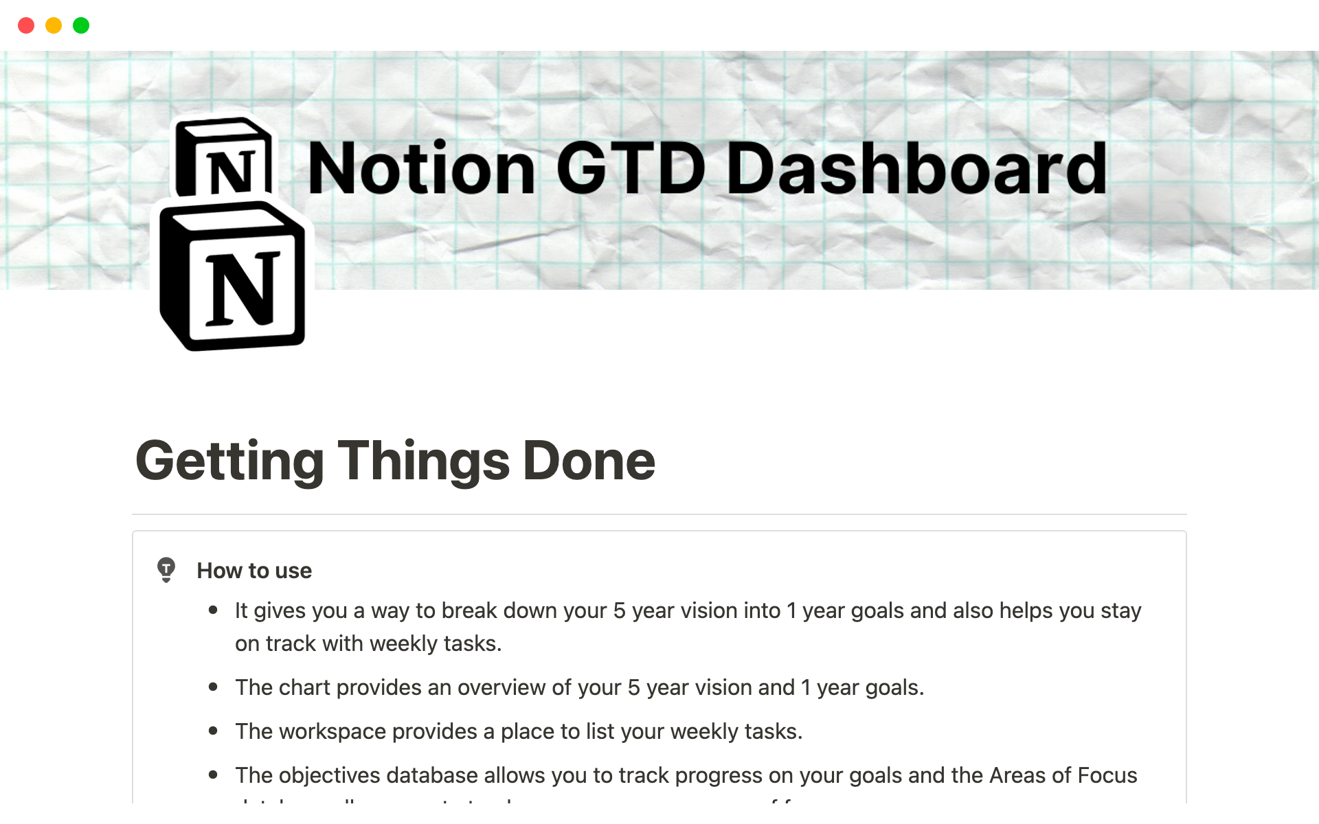 A template preview for GTD Dashboard