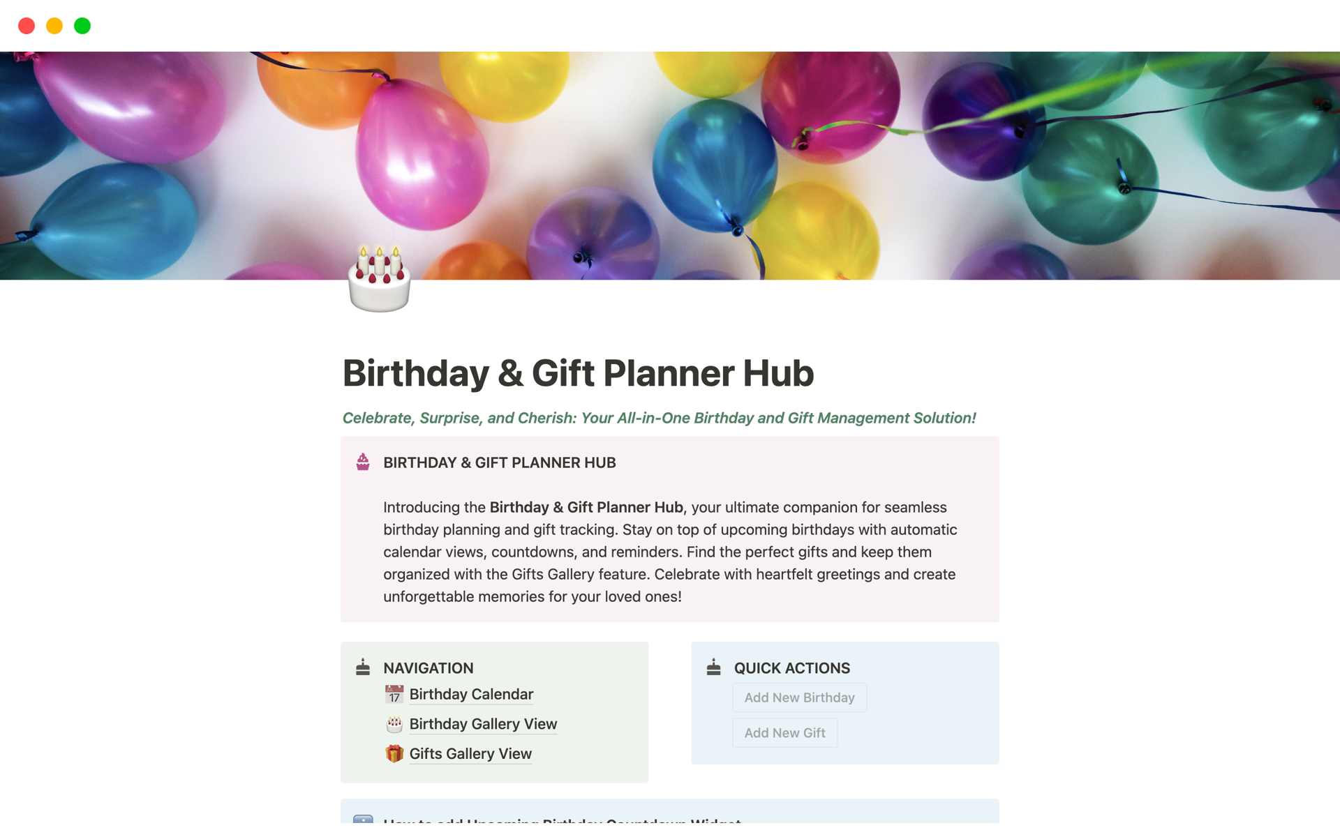 A template preview for Birthday & Gift Planner Hub
