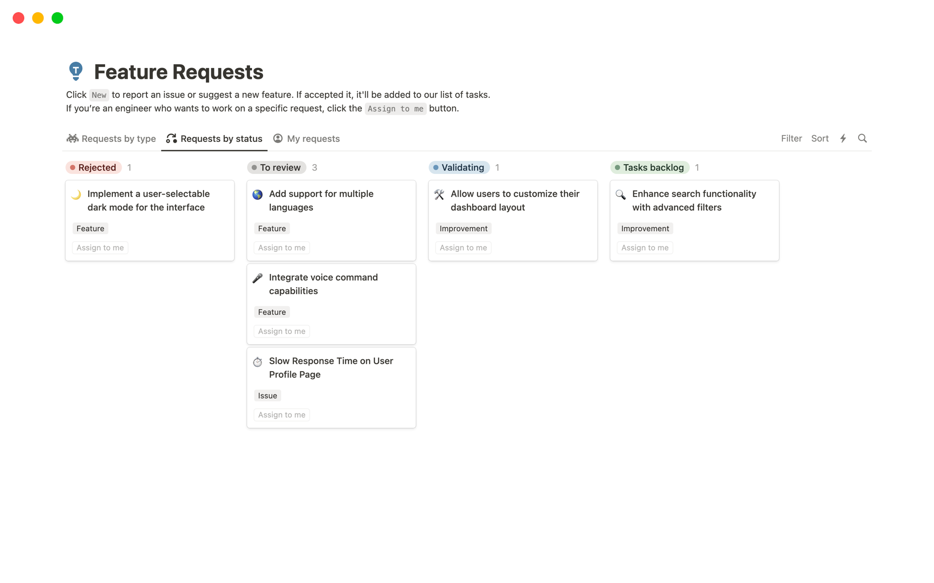 Organize and monitor internal feature requests with our Feature Requests template, complete with various views for enhanced tracking.