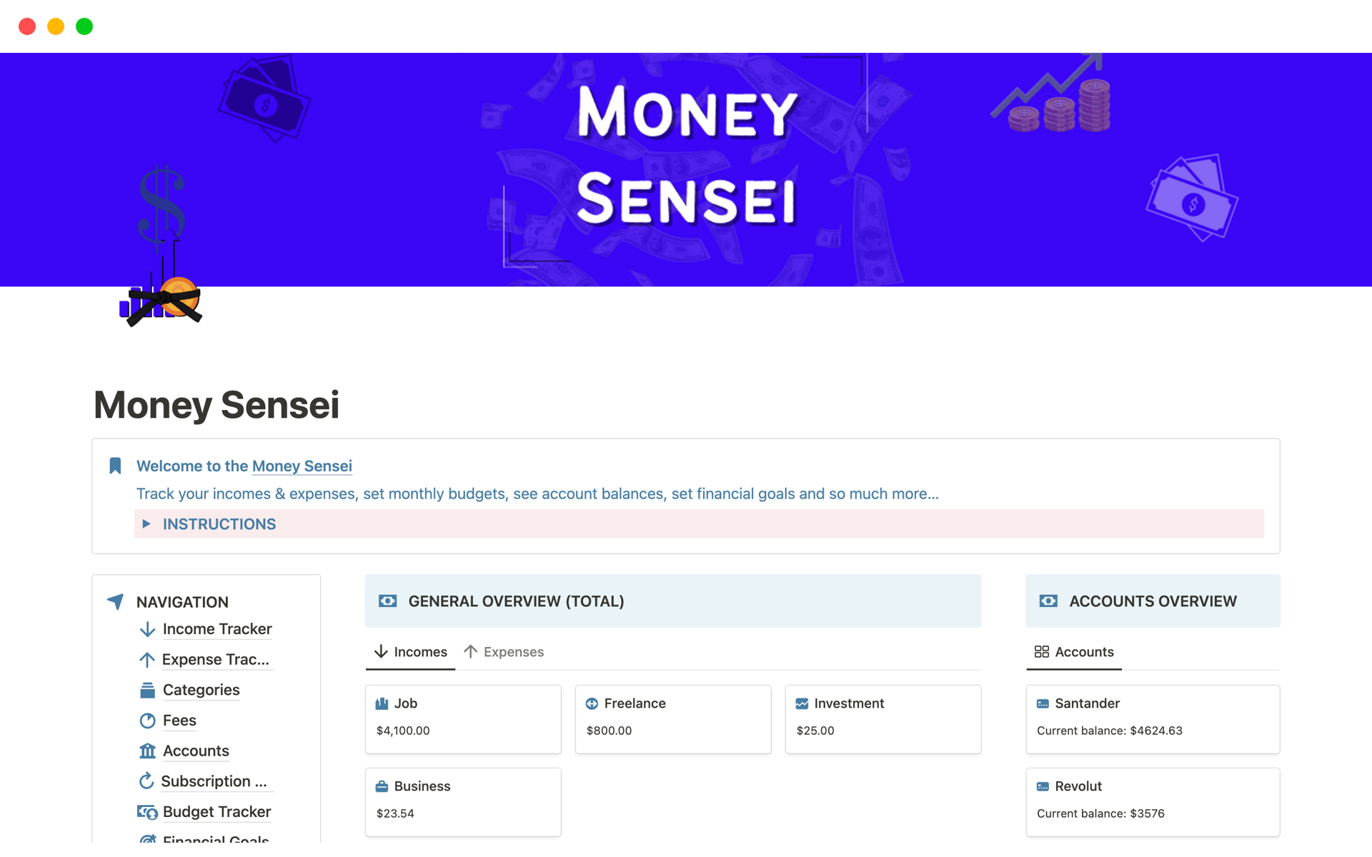 A template preview for Money Sensei