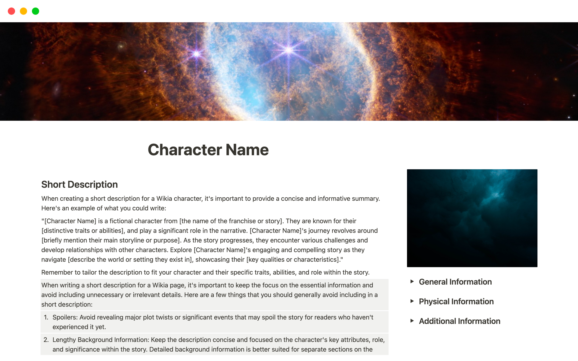 A template preview for Original Character Wiki