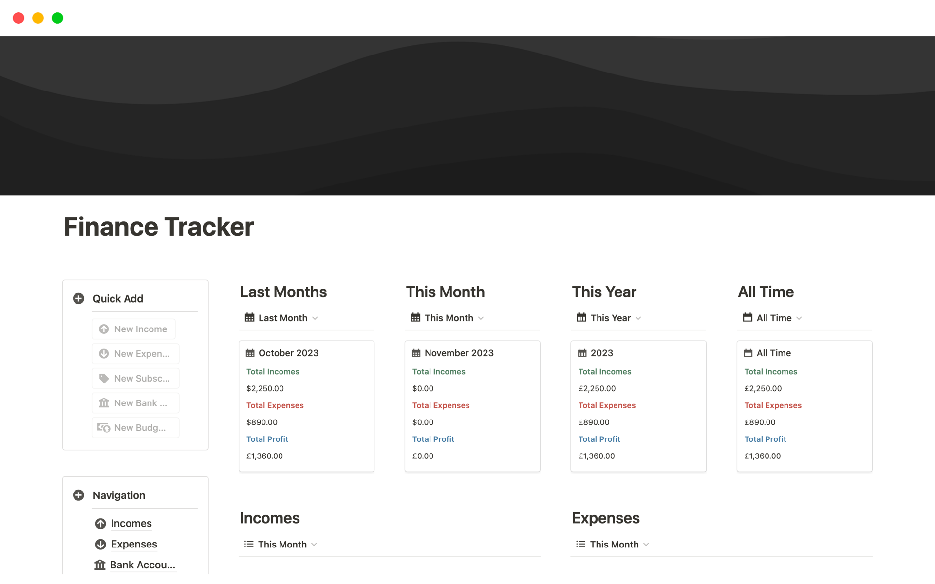 Stay on top of your finances with our 'Finance Tracker' template for Notion – your go-to for smart budgeting and effortless expense tracking.