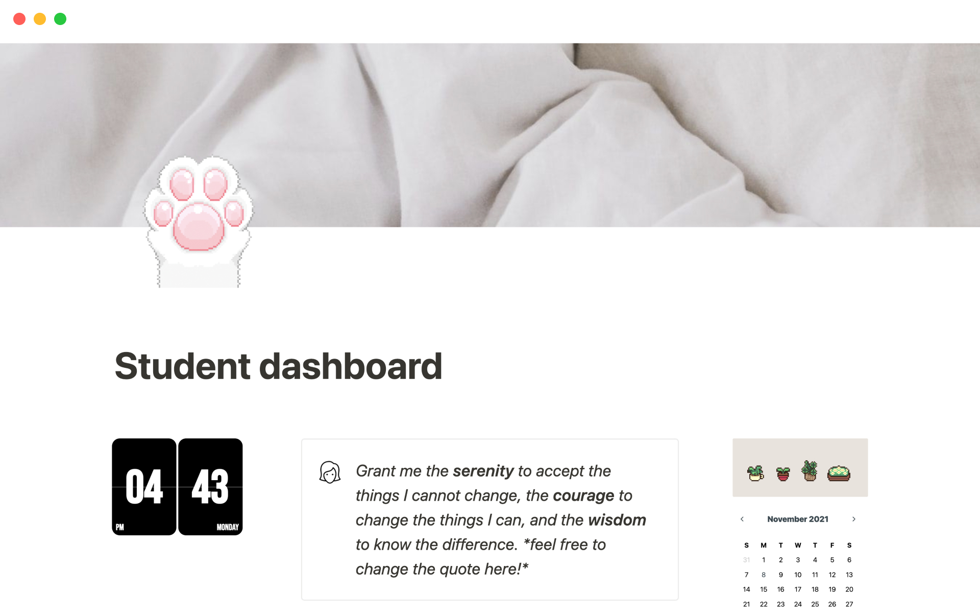 A template preview for Janice Studies' student dashboard