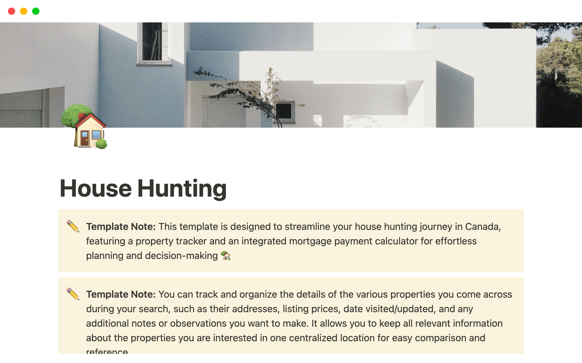 This template is designed to streamline your house hunting journey in Canada, featuring a property tracker and an integrated mortgage payment calculator for effortless planning and decision-making.