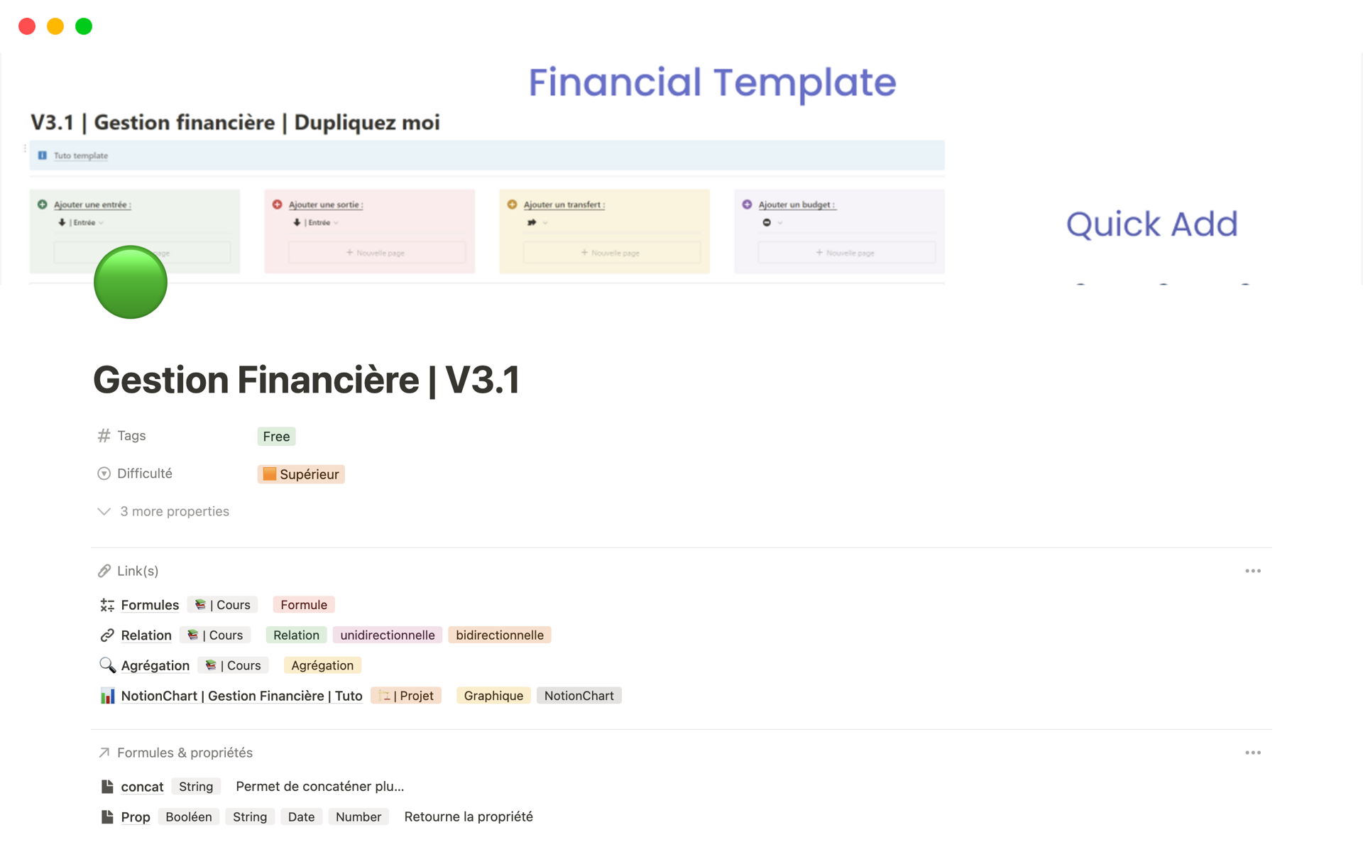 A template preview for Gestion Financière | V3.1